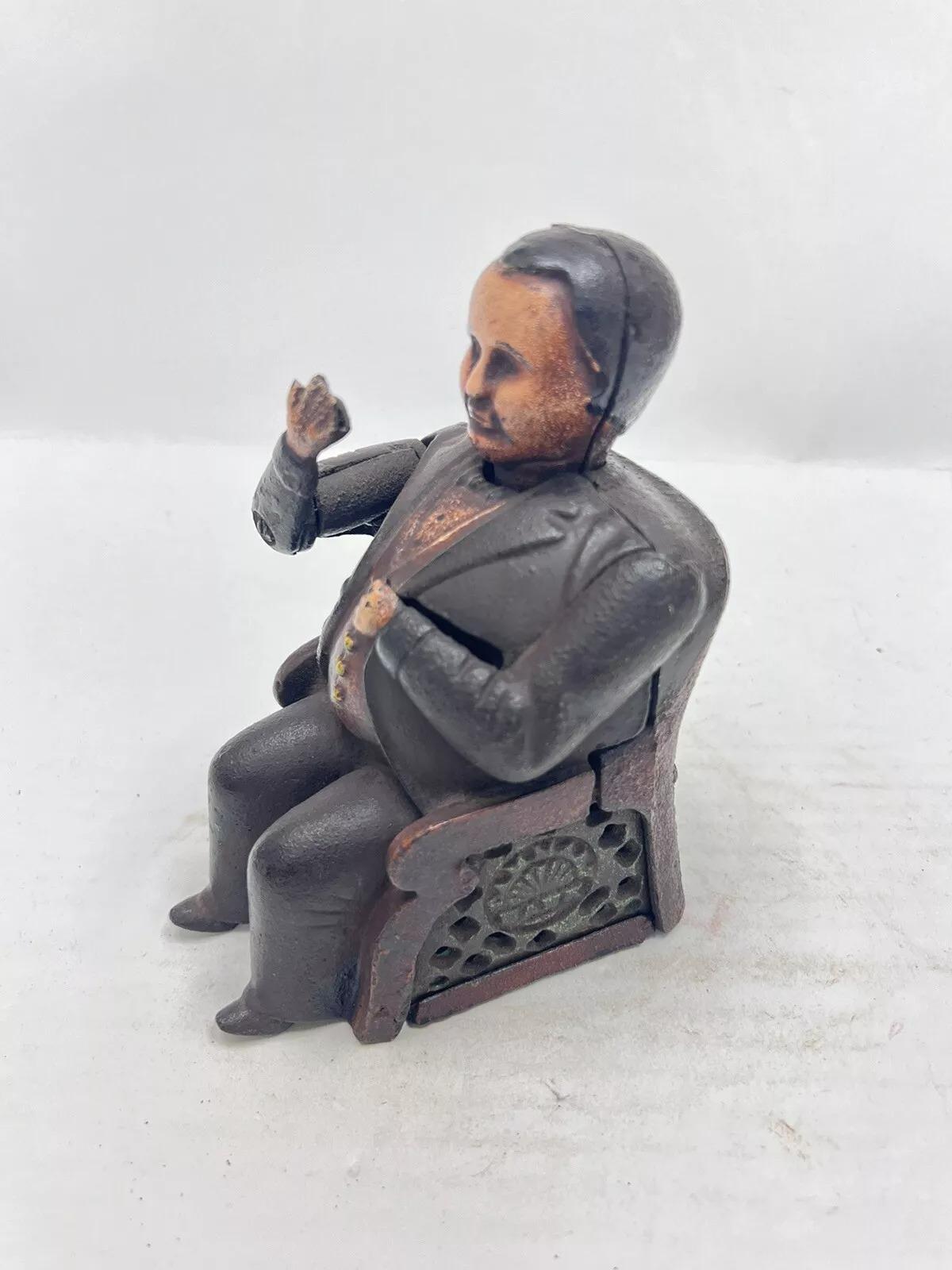 Vintage J.E Stevens Cast Iron Still Bank Tammany Hall Politician Coin Piggy Bank For Sale 2