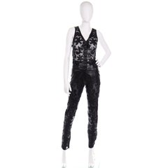 Vintage Jean-Claude Jitrois Black Leather Pants & Vest Sheer Silk Cutout Detail