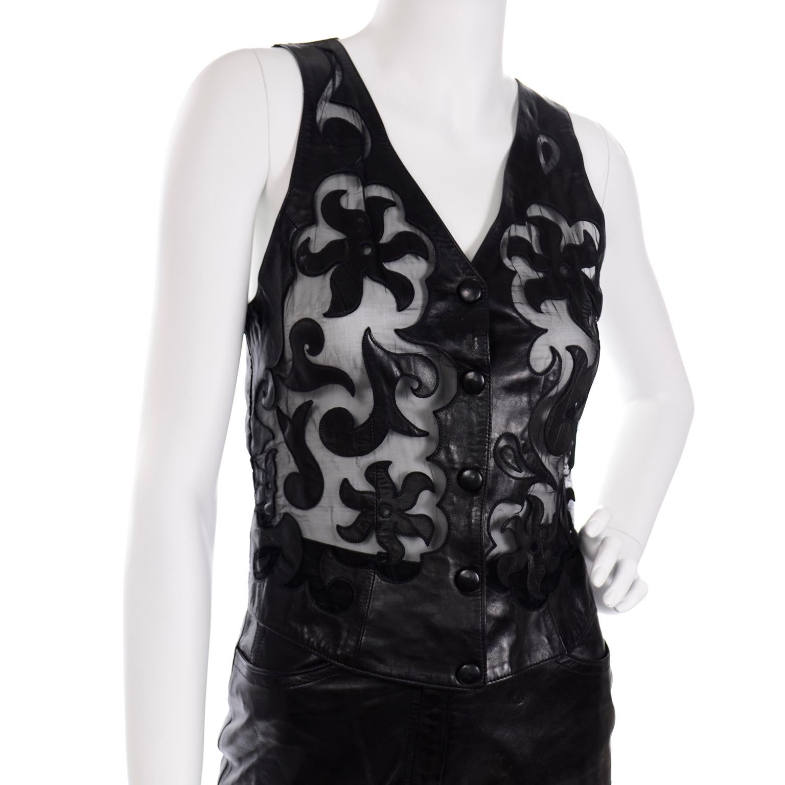 Vintage Jean-Claude Jitrois Black Leather Pants & Vest Sheer Silk Cutout Detail In Excellent Condition In Portland, OR