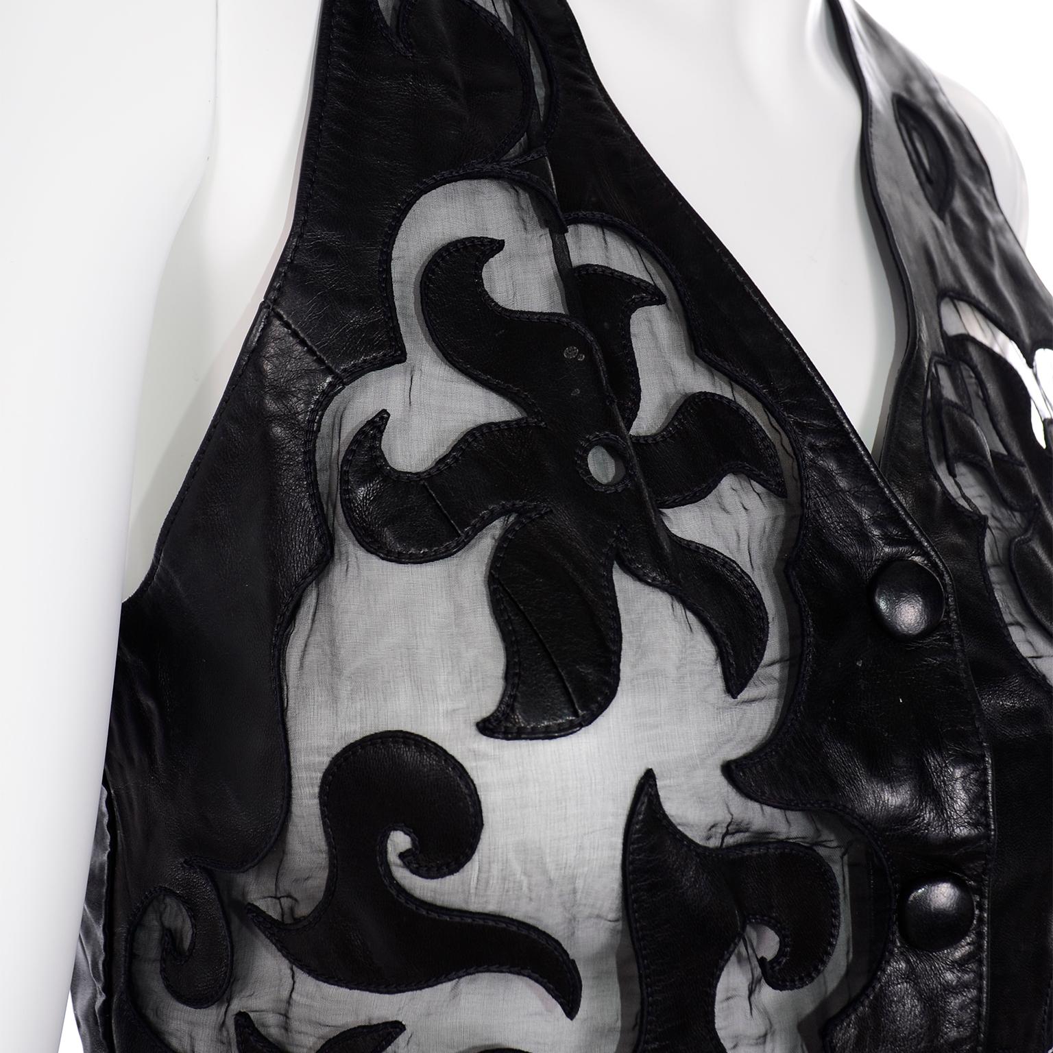 Women's Vintage Jean-Claude Jitrois Black Leather Pants & Vest Sheer Silk Cutout Detail