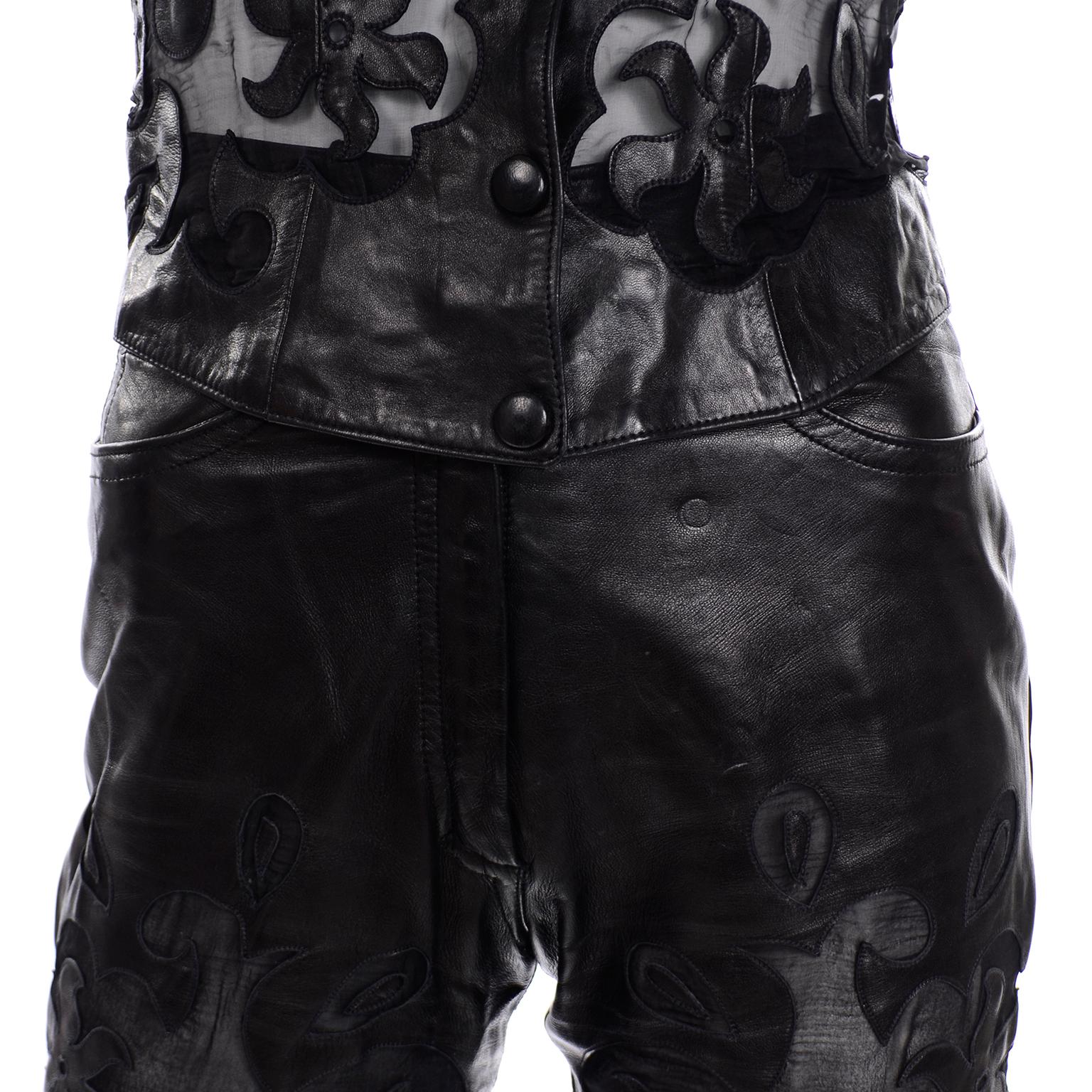 Vintage Jean-Claude Jitrois Black Leather Pants & Vest Sheer Silk Cutout Detail 1