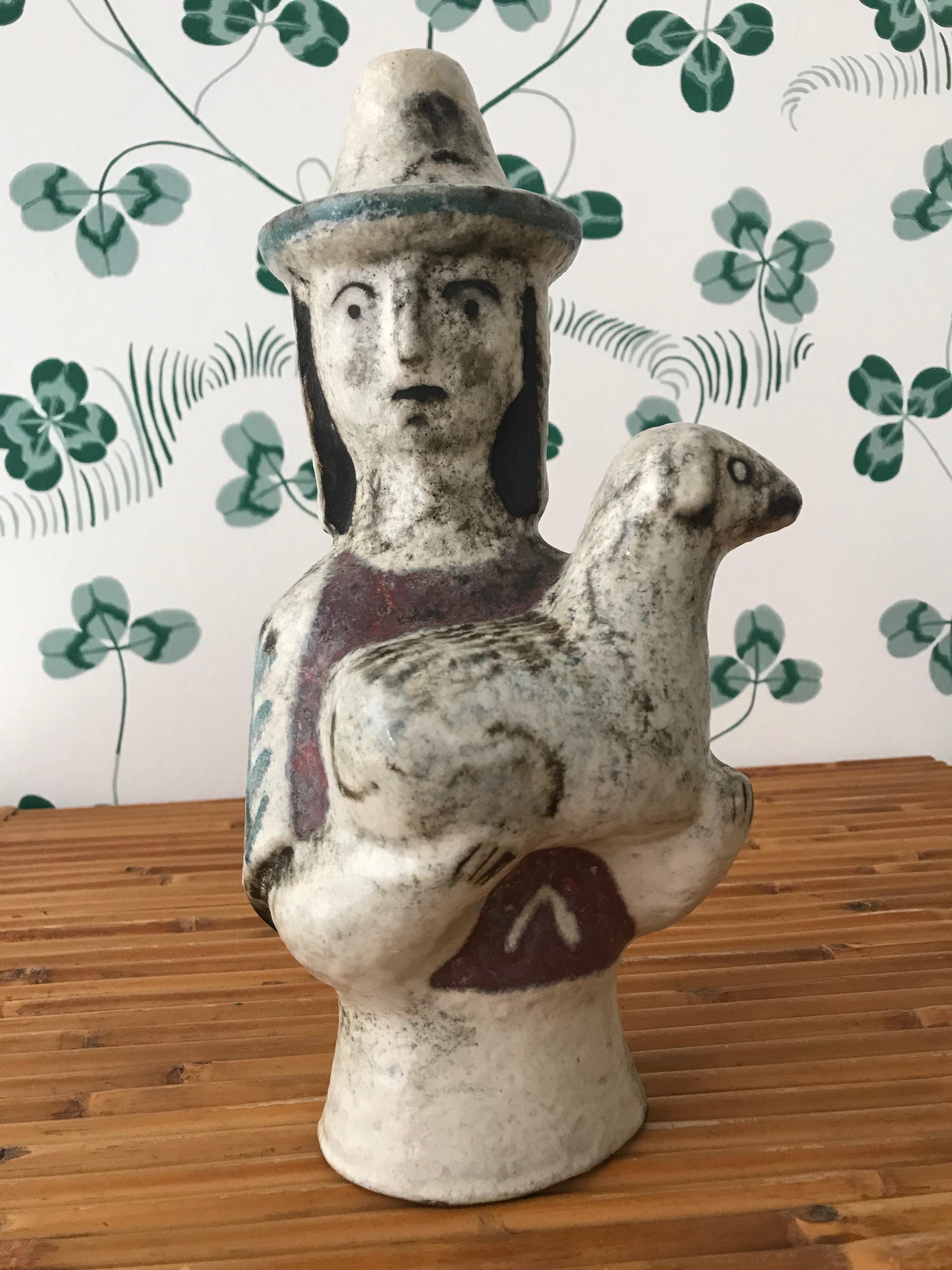 Mid-20th Century Vintage Jean Derval Ceramic Figure of Woman Holding Lamb, France, 1950s