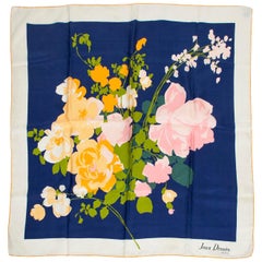 Vintage Jean Dessès Paris Blue Silk Floral Bouquet Foulard Scarf, 1950s