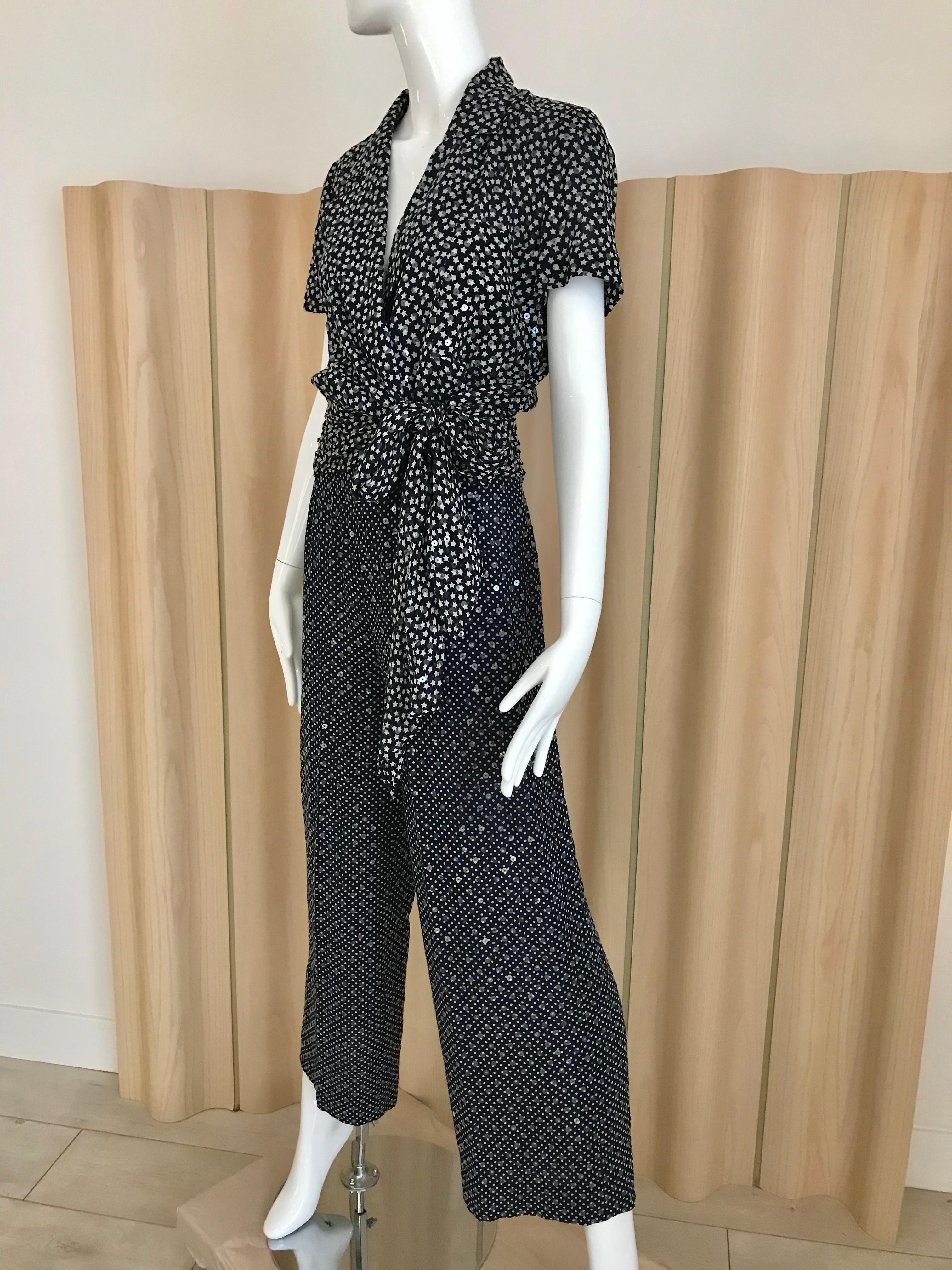 Vintage Jean Louis Scherrer Blue Silk Star and Polkadots Print Pant set In Good Condition In Beverly Hills, CA