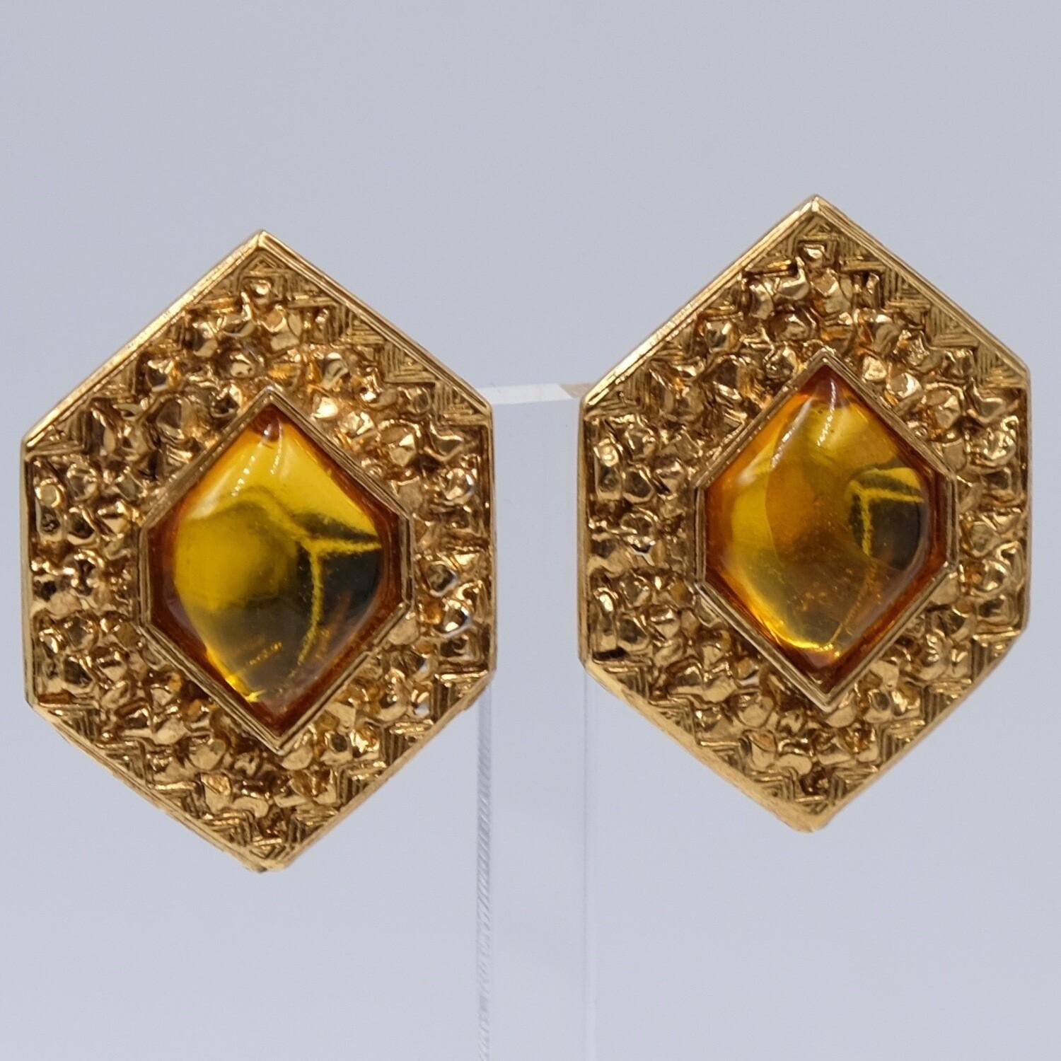 Women's or Men's Vintage Jean Louis Scherrer Earrings Gold Tone Metal With Yellow Glass 1970's