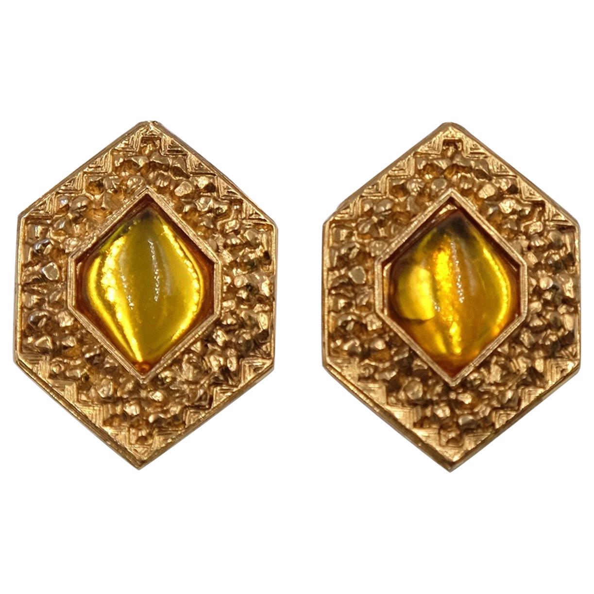 Vintage Jean Louis Scherrer Earrings Gold Tone Metal With Yellow Glass 1970's