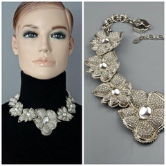 Vintage JEAN LOUIS SCHERRER Flower Rhinestone Link Silver Necklace