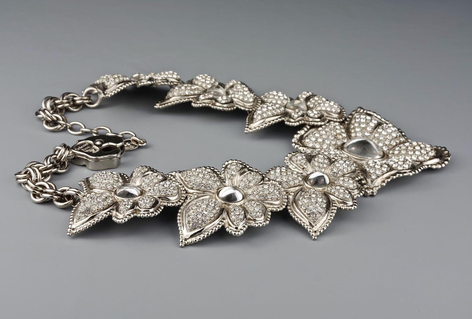Women's Vintage JEAN LOUIS SCHERRER Flower Rhinestone Link Silver Necklace For Sale