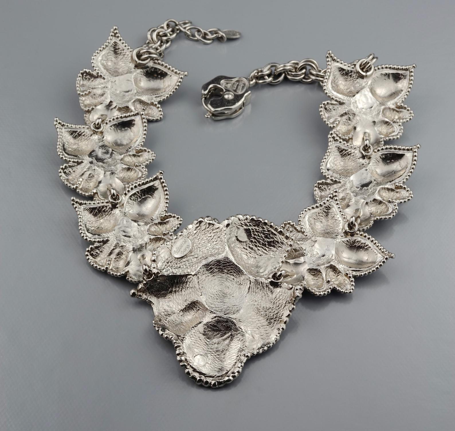 Vintage JEAN LOUIS SCHERRER Flower Rhinestone Link Silver Necklace For Sale 4