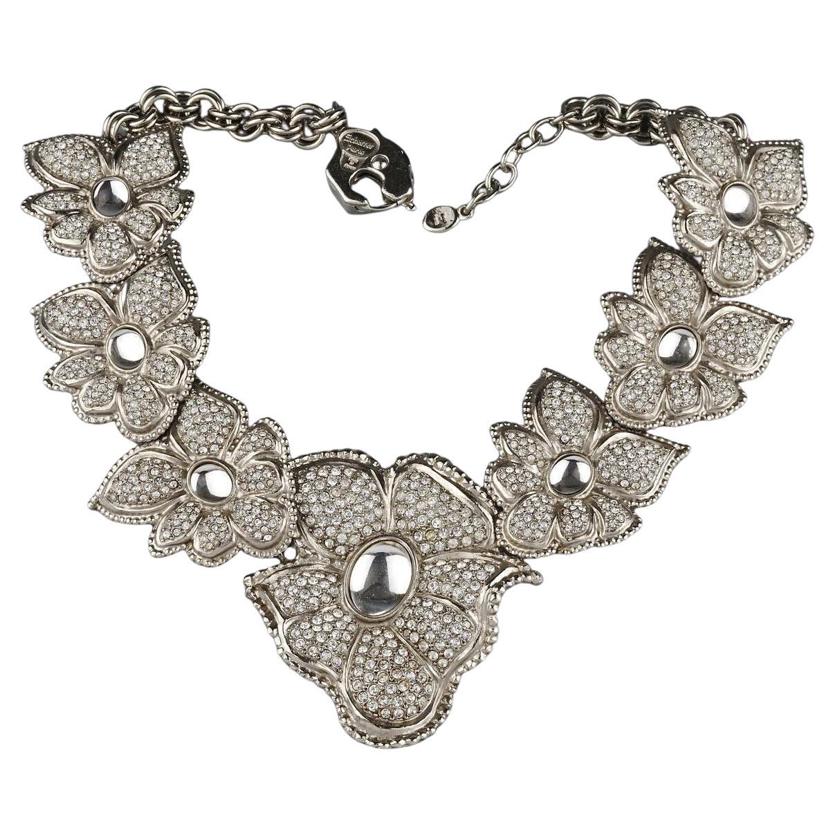 Vintage JEAN LOUIS SCHERRER Flower Rhinestone Link Silver Necklace For Sale