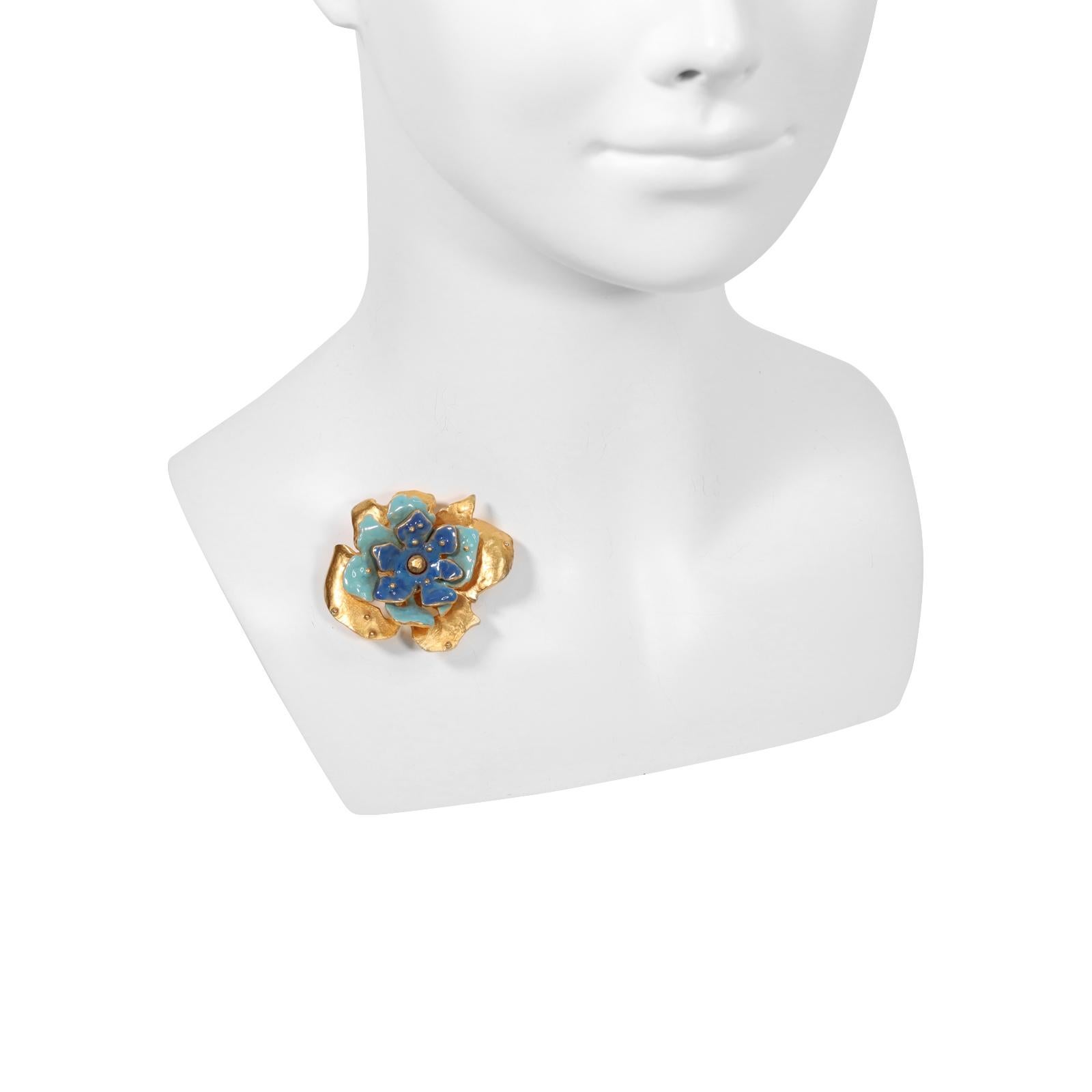 Vintage Scherrer Gold Tone with Enamel Brooch. Two Different Blue Tone Enamel Flowers Unfold on top of the Gold Tone Brooch as if Blooming. A very modern look.  Would look great on a colorful Hermes scarf or even a plain scarf.