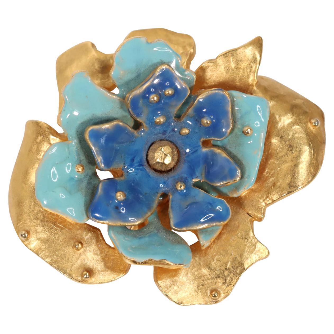 Vintage Jean Louis Scherrer Gold Tone with Enamel Brooch, Circa 1980s In Good Condition For Sale In New York, NY