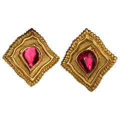 Vintage JEAN LOUIS SCHERRER Red CabochonTextured Inverted Square Earrings
