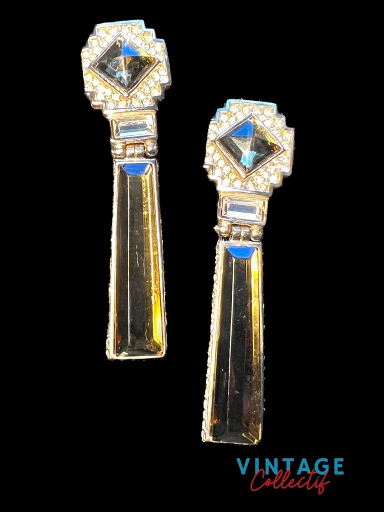 Boucles D'oreilles Vintage Jean-Louis Sherrer - Perles Et Métal - Couleur Dominante Bleu - Fermoir Clip