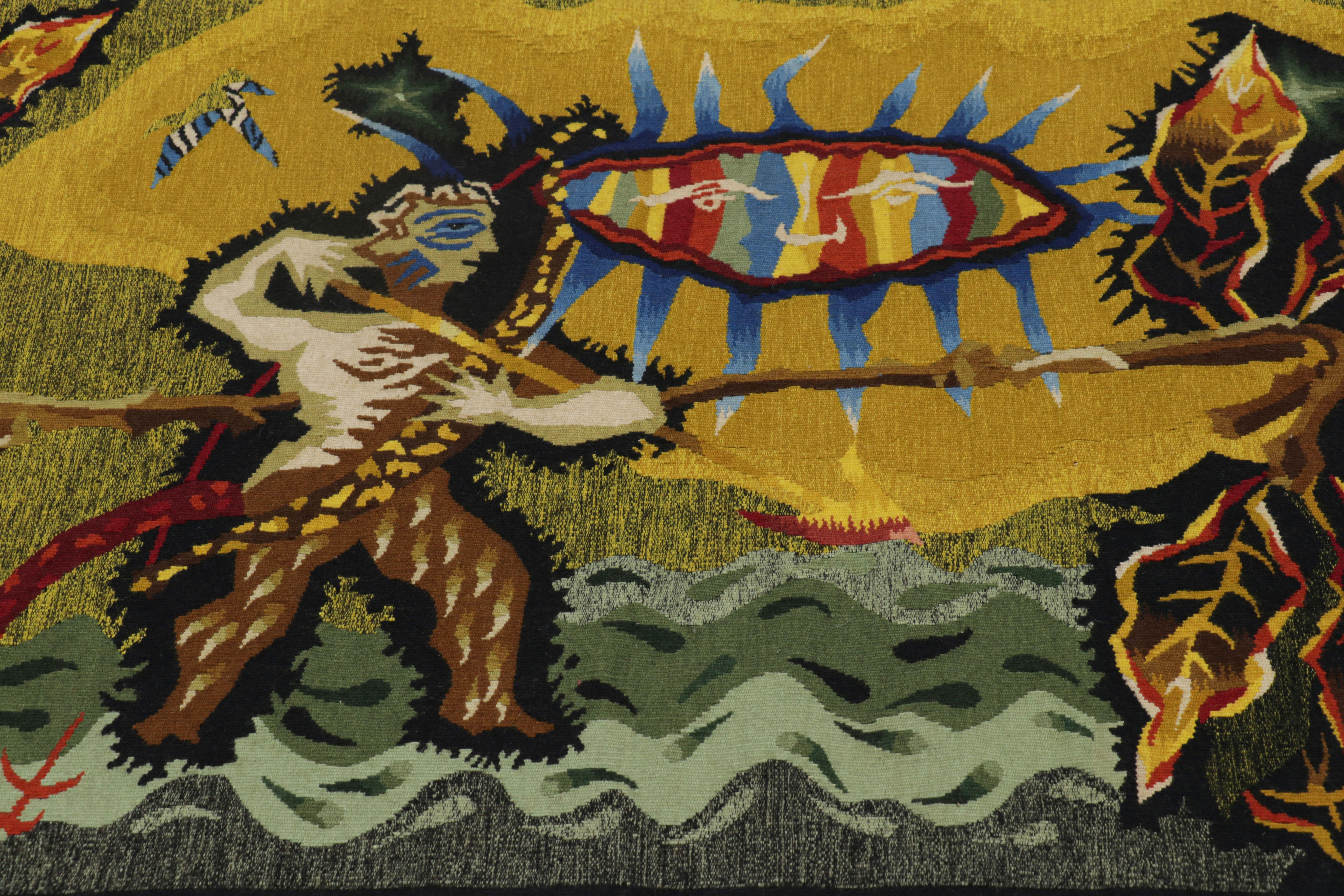 This 2x3 vintage Aubusson tapestry is a rare and special new curation from Rug & Kilim—a signed mid-century original by French artist Jean Lurcat, entitled “The Bribeur”, handwoven in wool and originating from France circa 1940-1950. 

On the