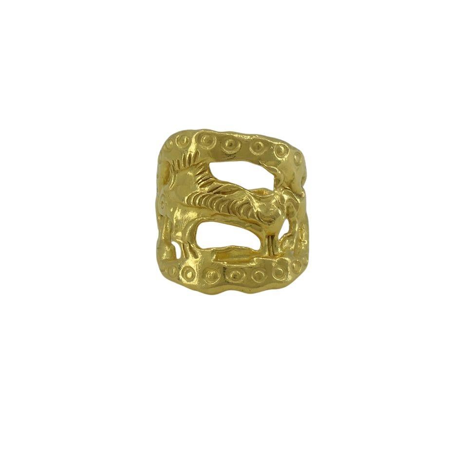 Get into the 22k magic that is Jean Mahie. This ring is from their darling monsters collection, displaying a fish motif. This ring is size 6.5 and weighs 16 grams. Stamped 22k and the JM designer signature. The ring is 7/8