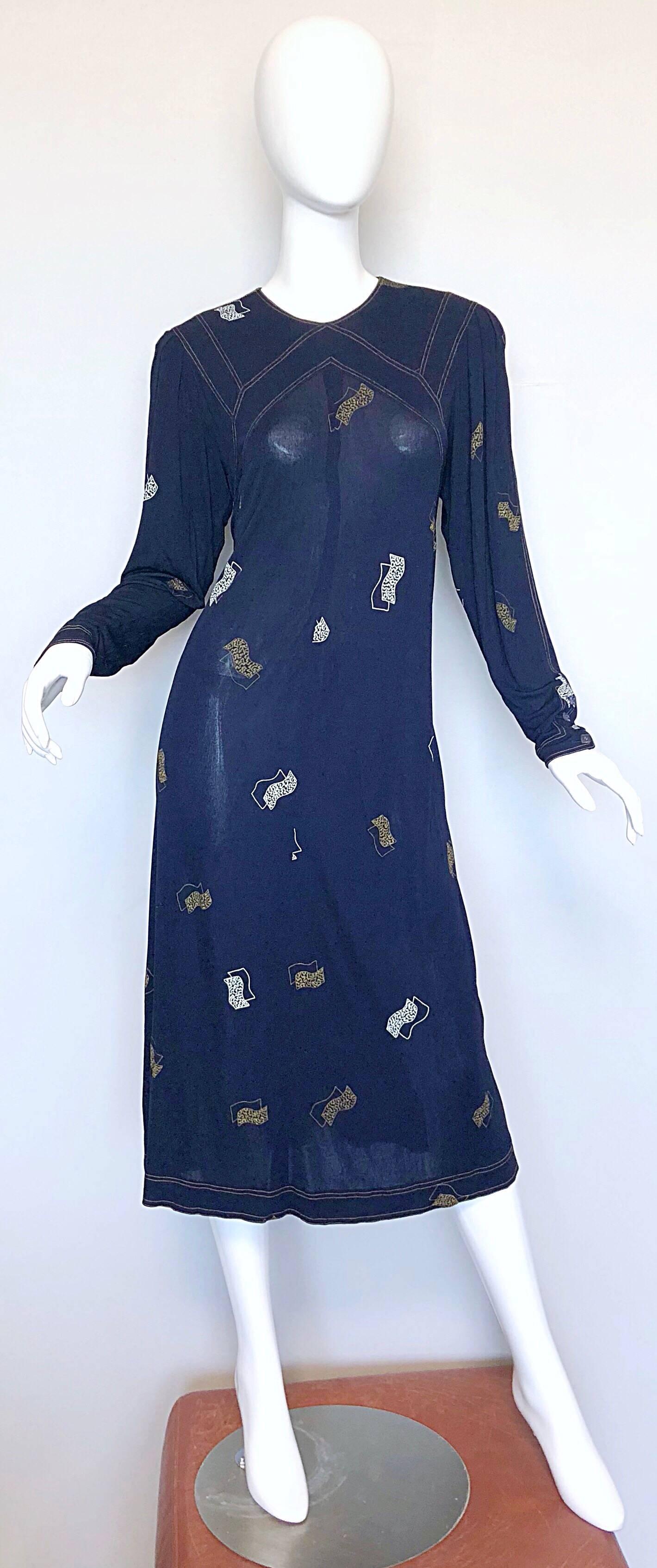 Vintage Jean Muir 1980s Does 1930s Navy Blue Hand Painted Art Deco Jersey Dress 5
