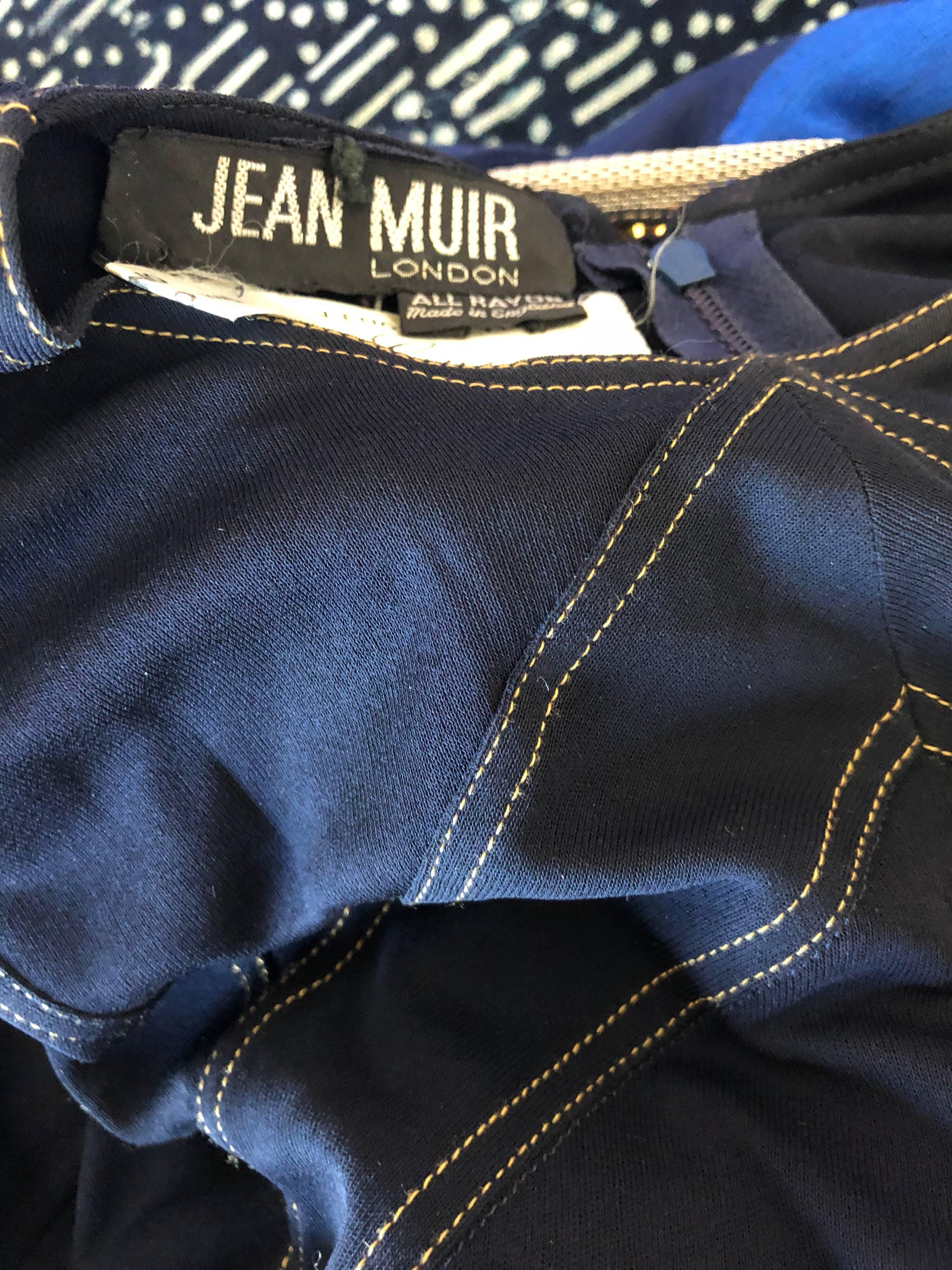 Vintage Jean Muir 1980s Does 1930s Navy Blue Hand Painted Art Deco Jersey Dress 6