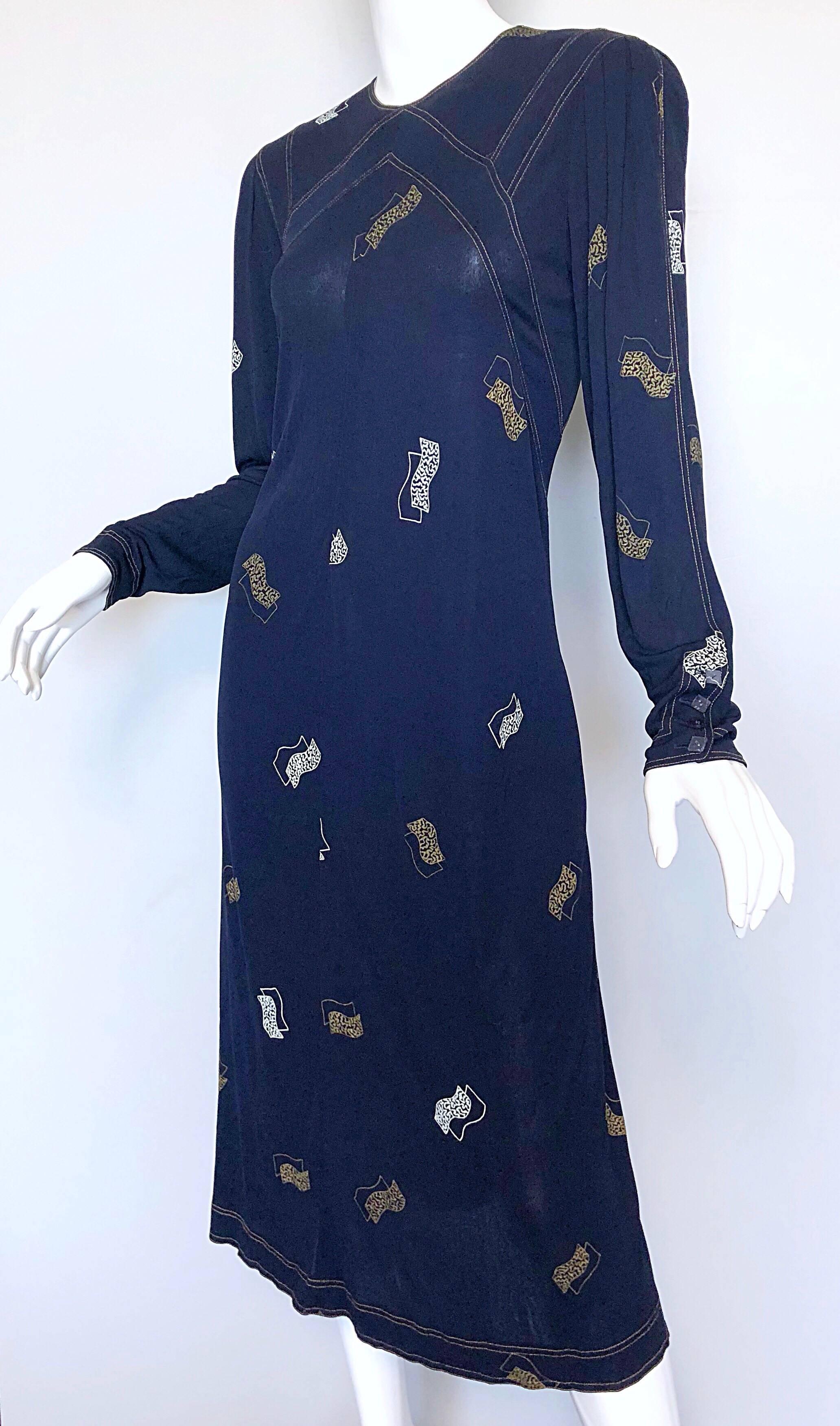 Vintage Jean Muir 1980s Does 1930s Navy Blue Hand Painted Art Deco Jersey Dress In Excellent Condition In San Diego, CA