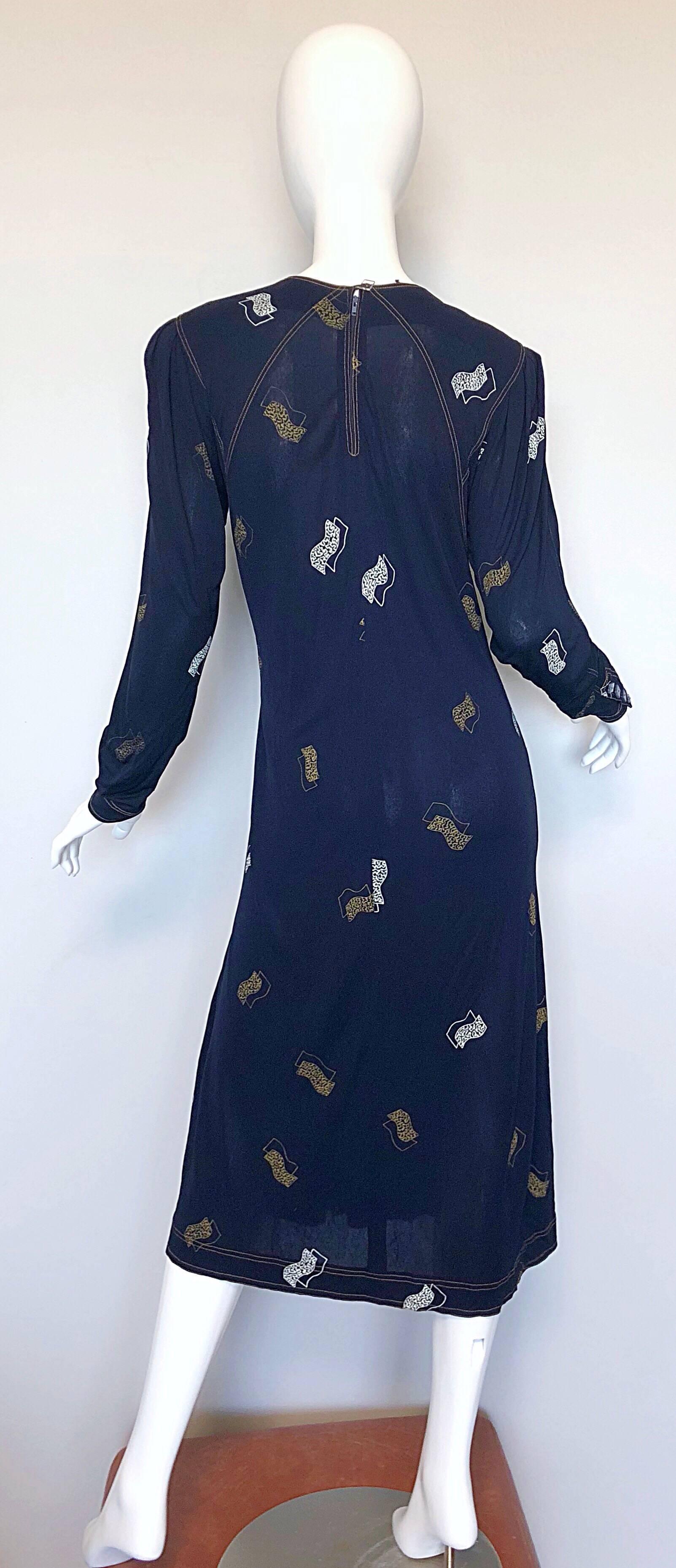 Women's Vintage Jean Muir 1980s Does 1930s Navy Blue Hand Painted Art Deco Jersey Dress