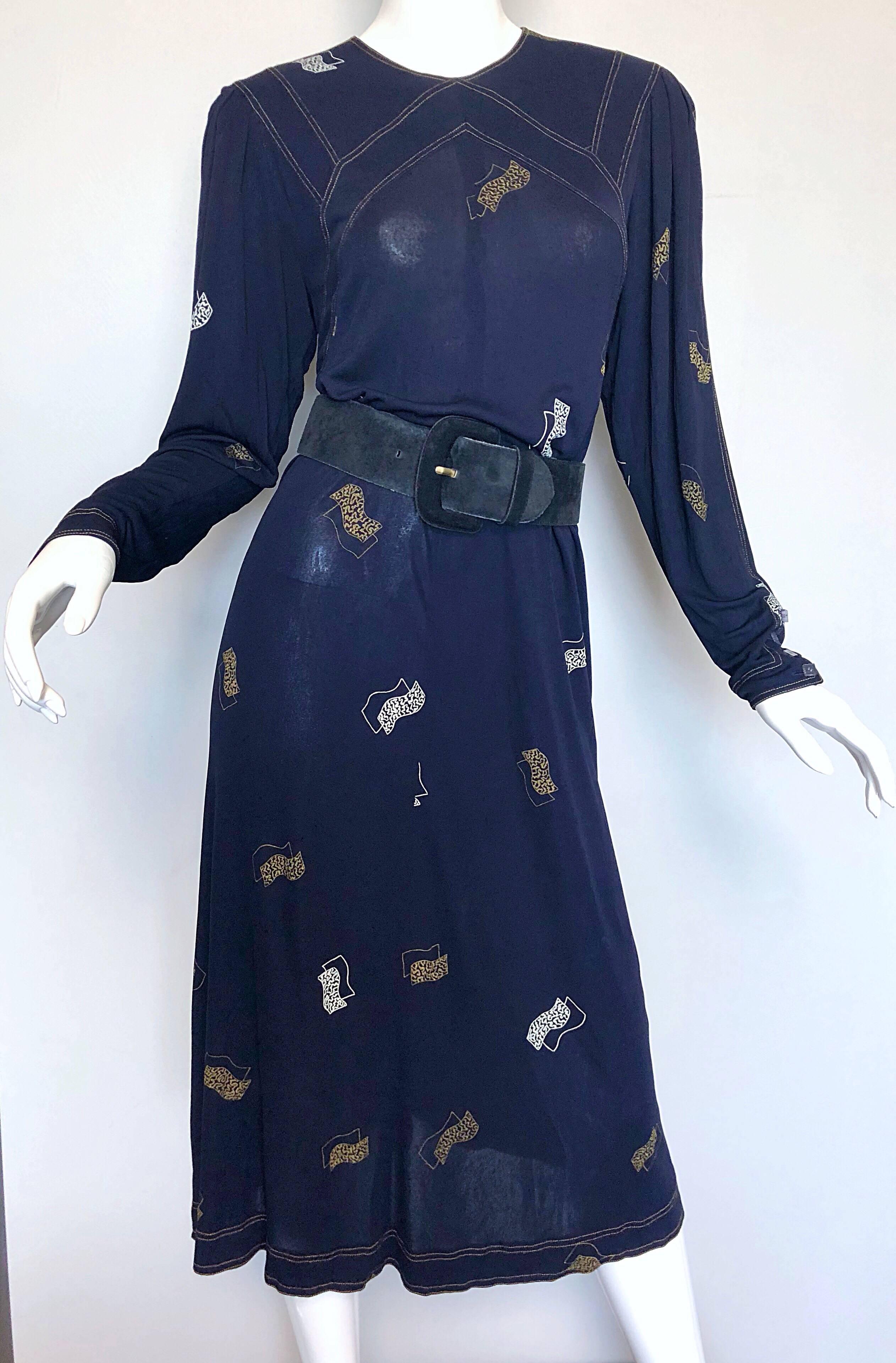 Vintage Jean Muir 1980s Does 1930s Navy Blue Hand Painted Art Deco Jersey Dress 1