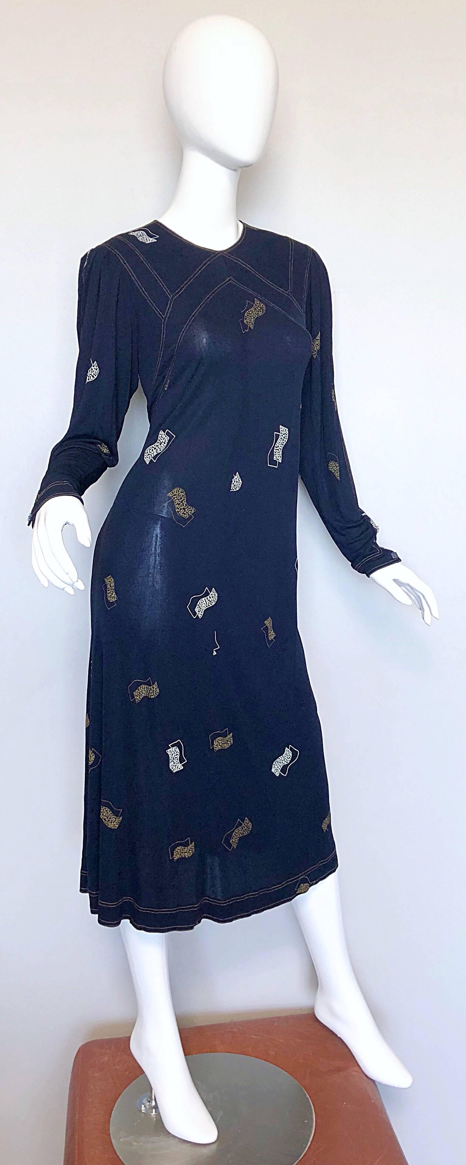 Vintage Jean Muir 1980s Does 1930s Navy Blue Hand Painted Art Deco Jersey Dress 2
