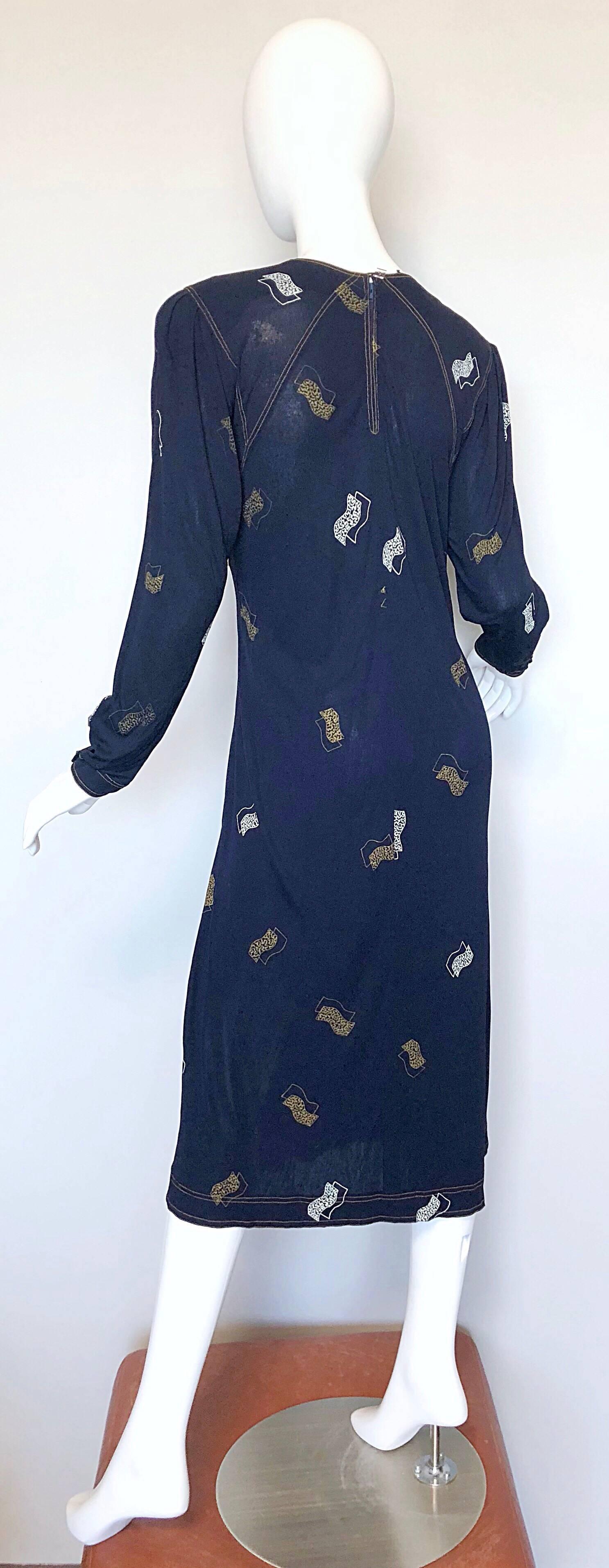 Vintage Jean Muir 1980s Does 1930s Navy Blue Hand Painted Art Deco Jersey Dress 3