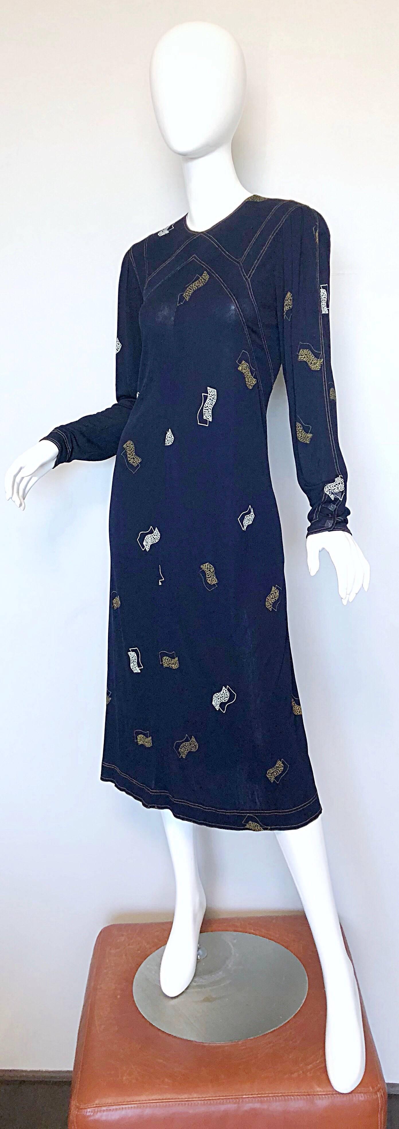 Vintage Jean Muir 1980s Does 1930s Navy Blue Hand Painted Art Deco Jersey Dress 4