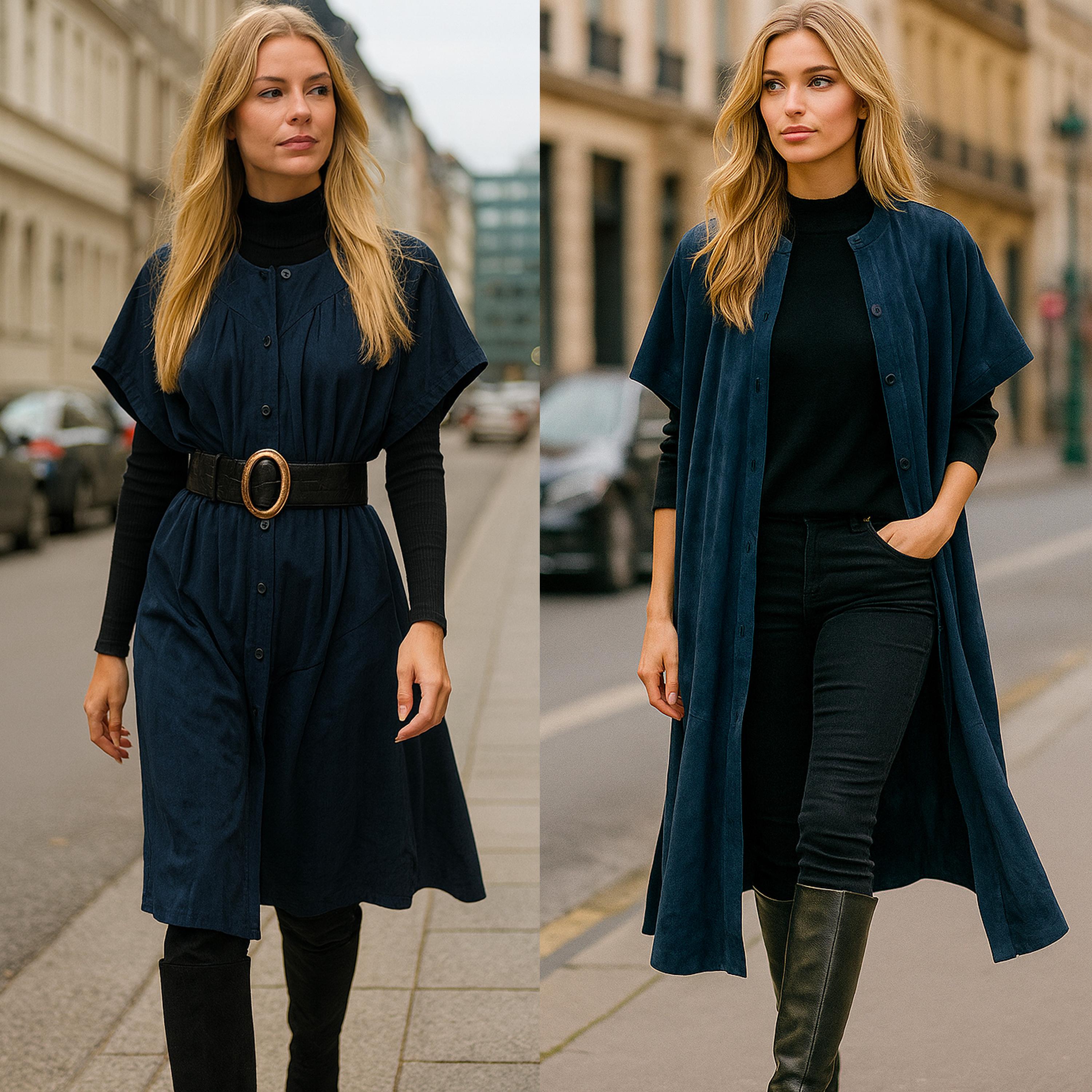 Dieses seltene Stück von Jean Muir ist aus weichem, blauem Veloursleder gefertigt und verfügt über ein allover gestanztes Muster, das der klaren, modernen Silhouette Struktur und Dimension verleiht. Die kurzen Ärmel und die Knopfleiste machen es