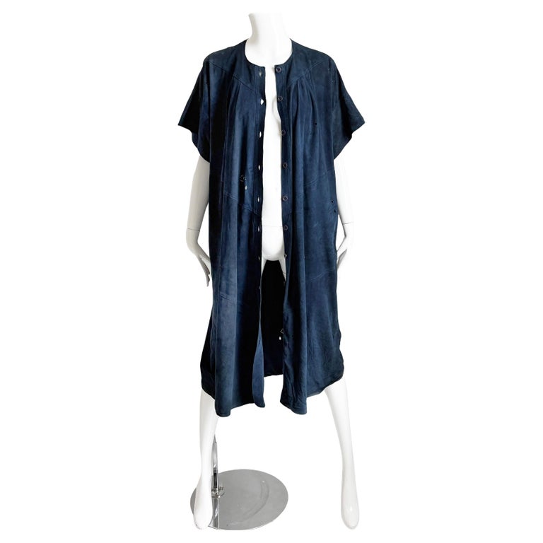 Vintage Jean Muir Blue Punched Suede Coat Dress circa late 1970s Rare