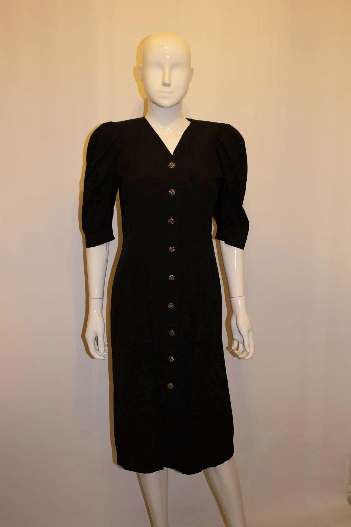 Vintage Jean Muir for Fortnum and Mason Black Dress with Decorative Buttons For Sale 2