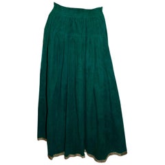 Vintage Jean Muir Green Suede Skirt with Gold Trim