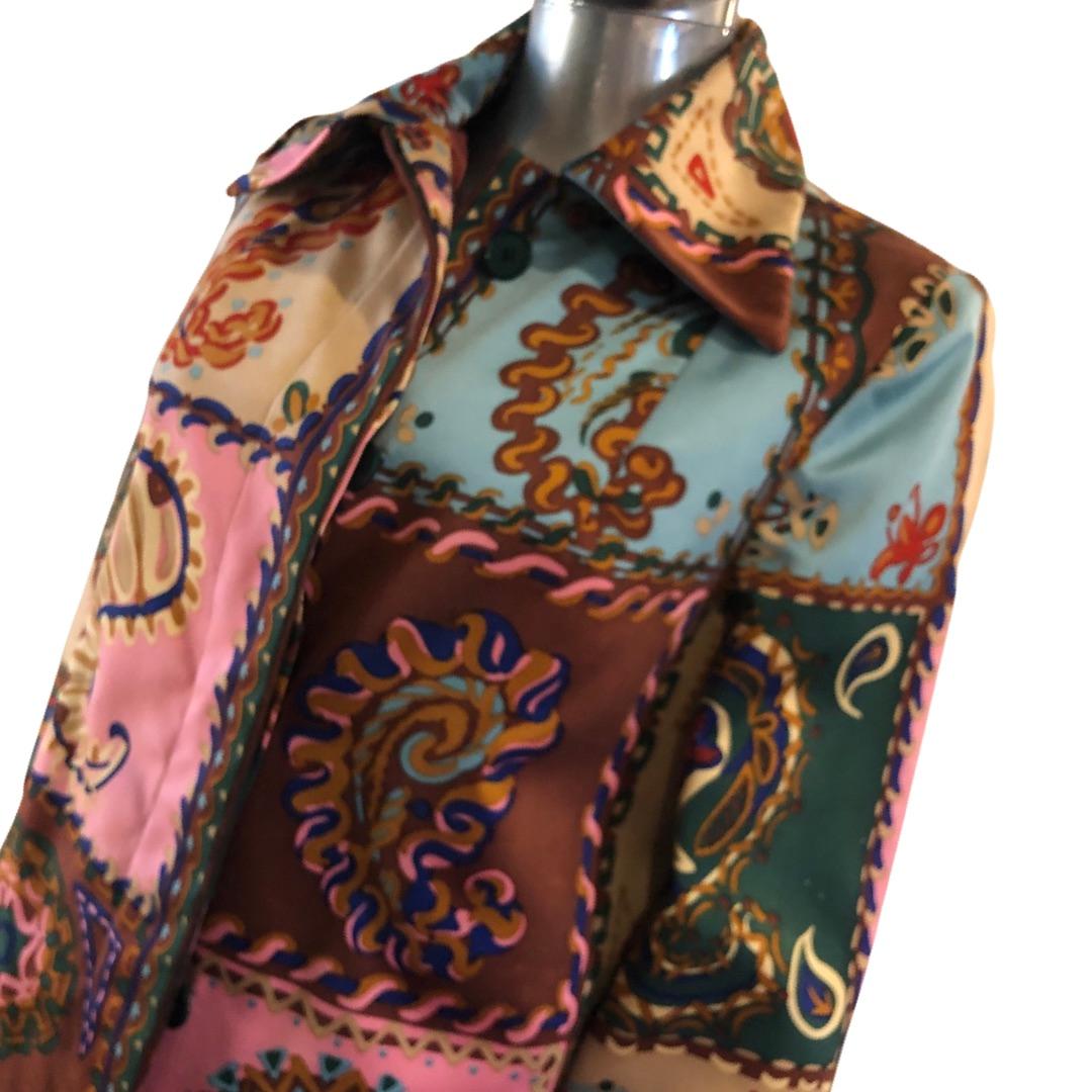 Black  Jean Patou Paris Vintage Multi-Color Silk Paisley Print Coat Size 6-8 For Sale