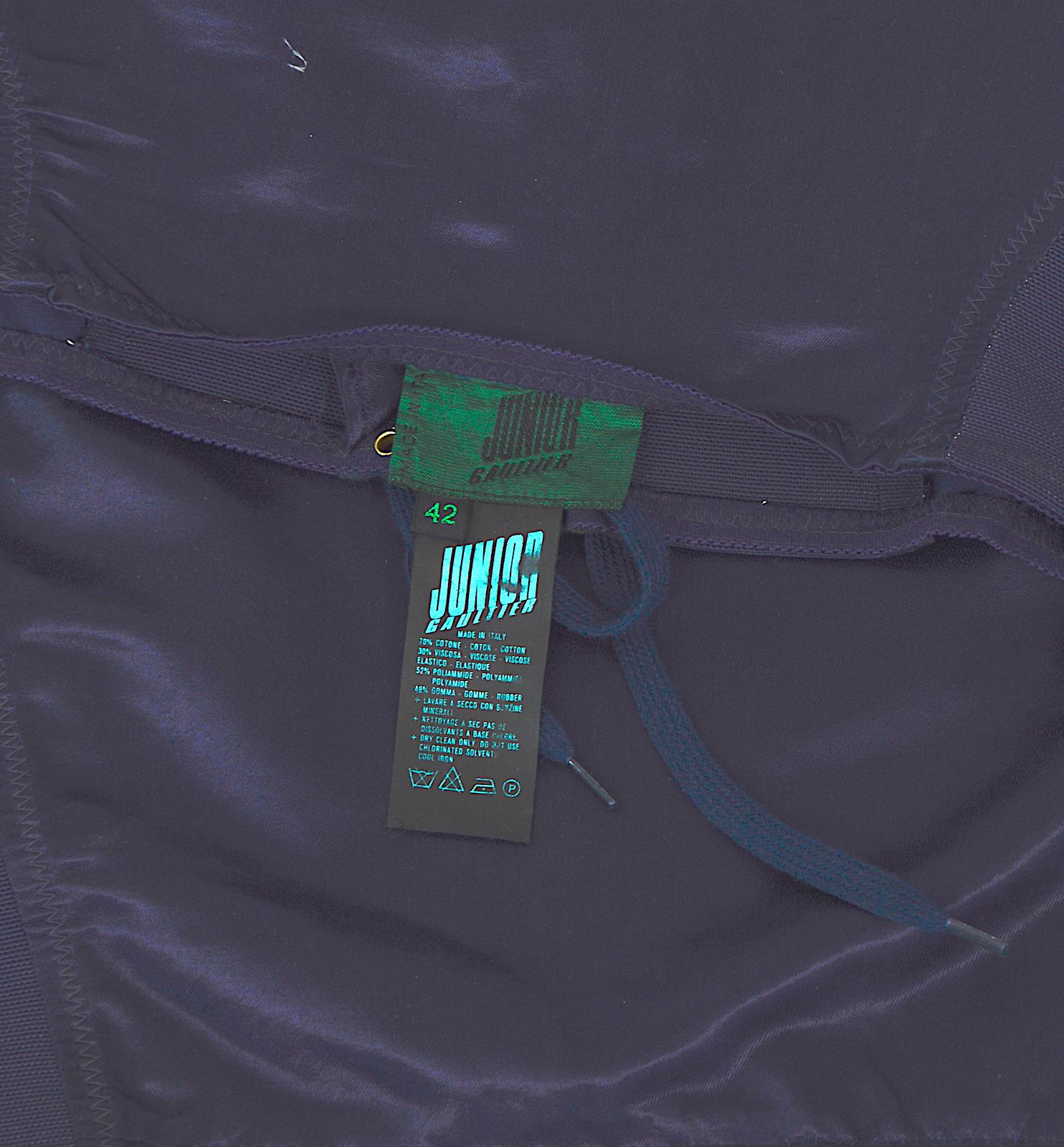 Jean Paul Gaultier 1980er Jahre Korsett inspiriert bleu Spandex und Satin-Rock im Angebot 5
