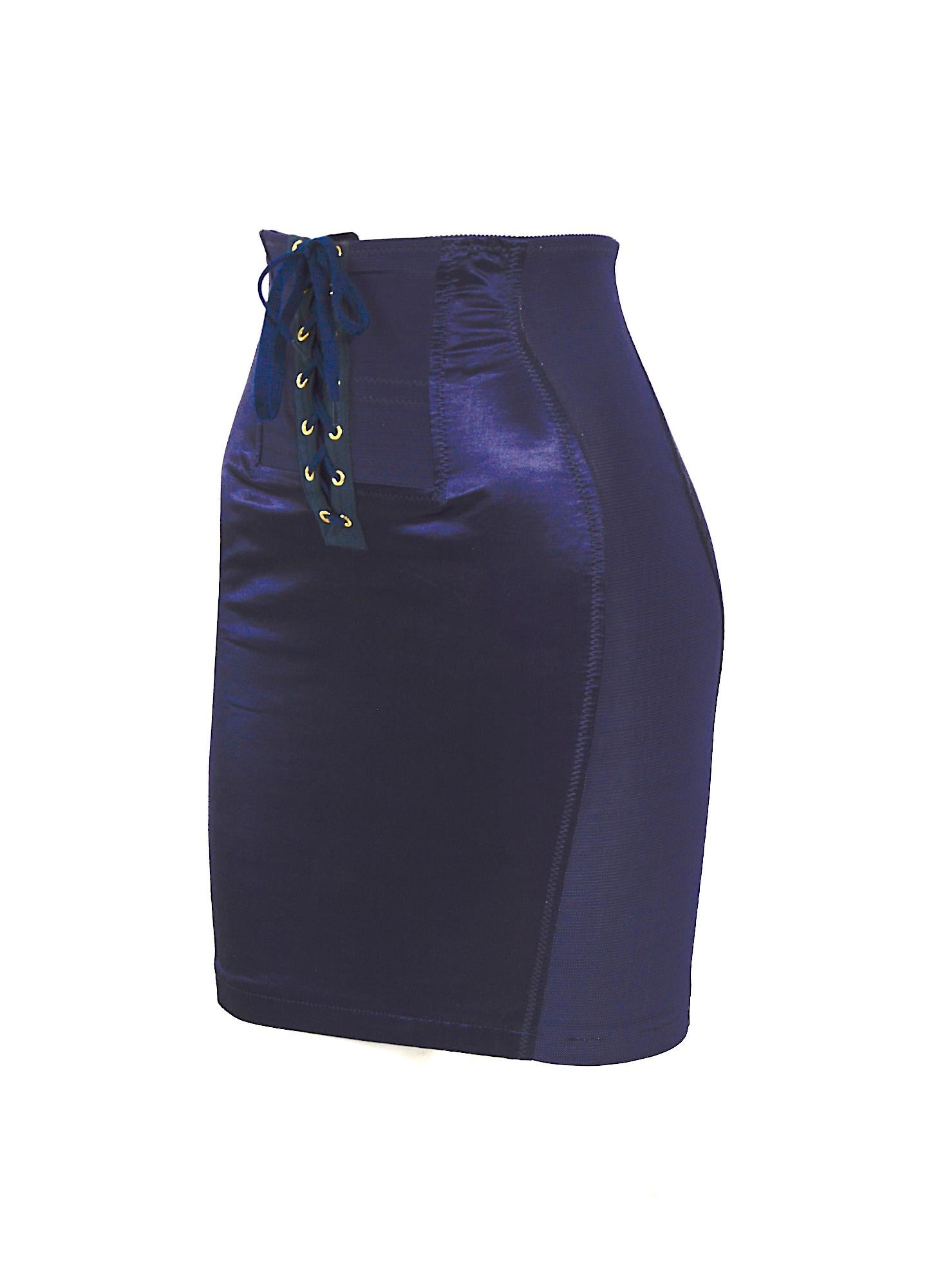 Jean Paul Gaultier 1980er Jahre Korsett inspiriert bleu Spandex und Satin-Rock im Zustand „Hervorragend“ im Angebot in Antwerpen, Vlaams Gewest