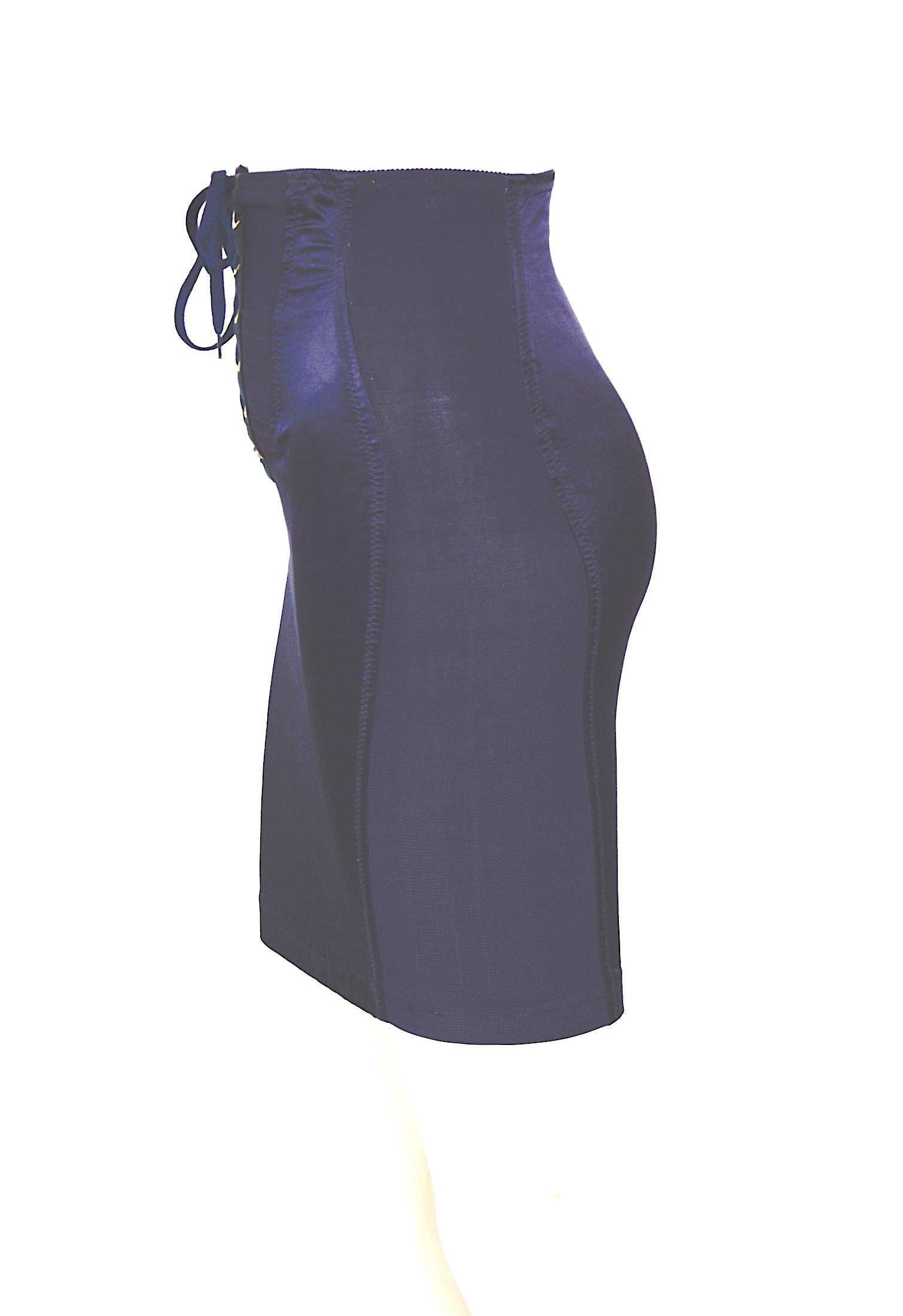 Jean Paul Gaultier 1980er Jahre Korsett inspiriert bleu Spandex und Satin-Rock im Angebot 1