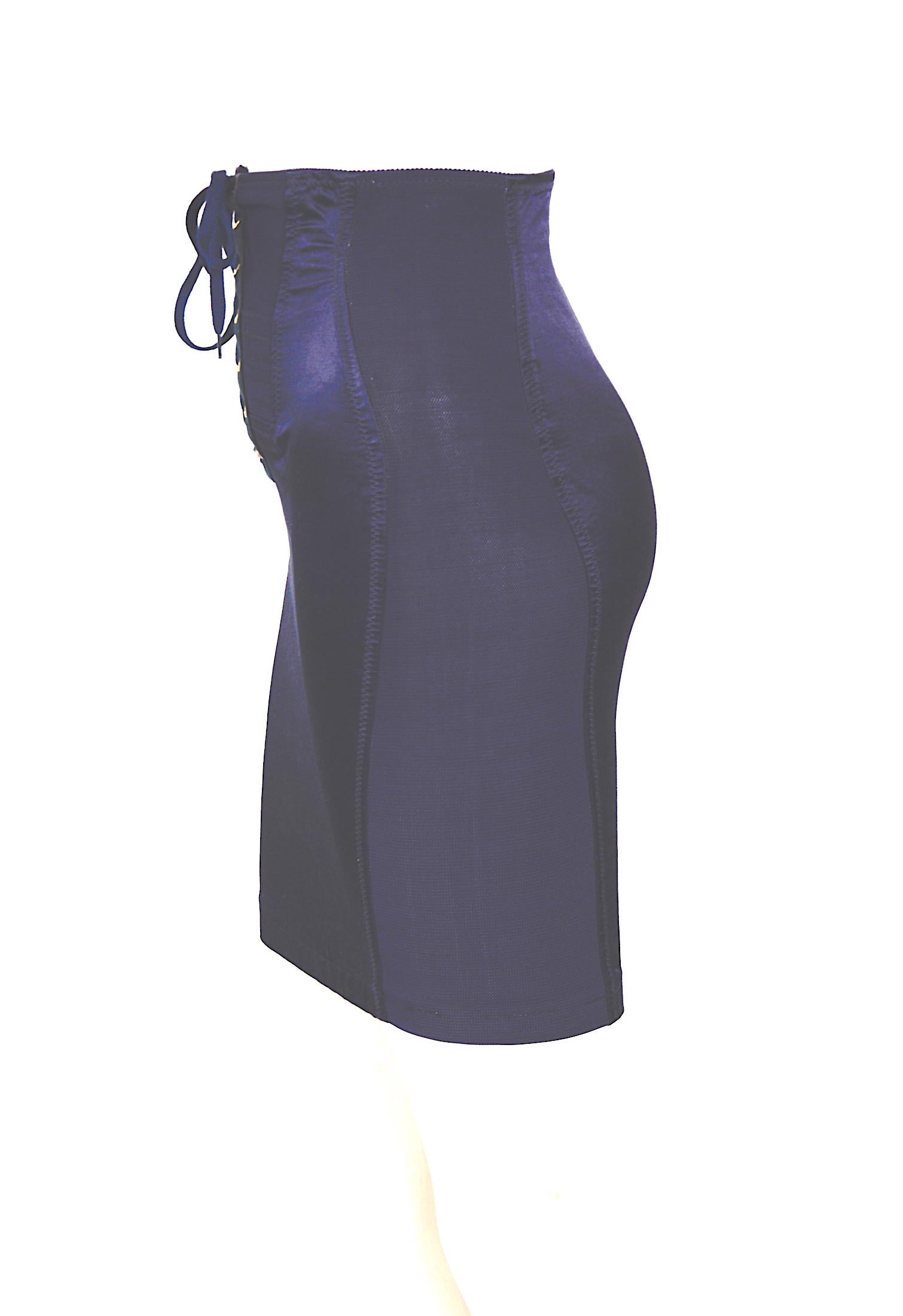 Vintage Jean Paul Gaultier 1980s corset inspired bleu spandex and satin skirt In Excellent Condition For Sale In Antwerp, BE