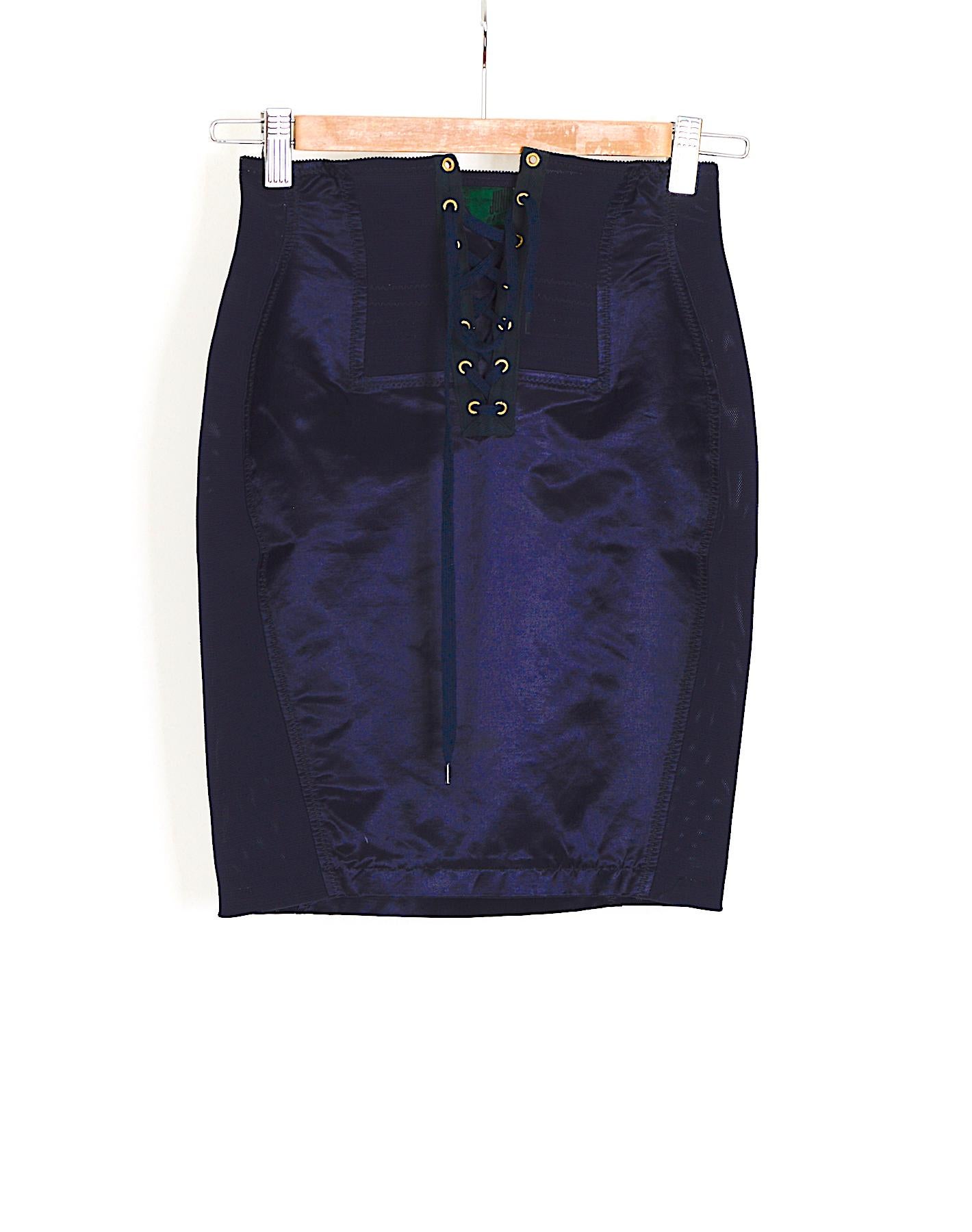 Vintage Jean Paul Gaultier 1980s corset inspired bleu spandex and satin skirt For Sale 2