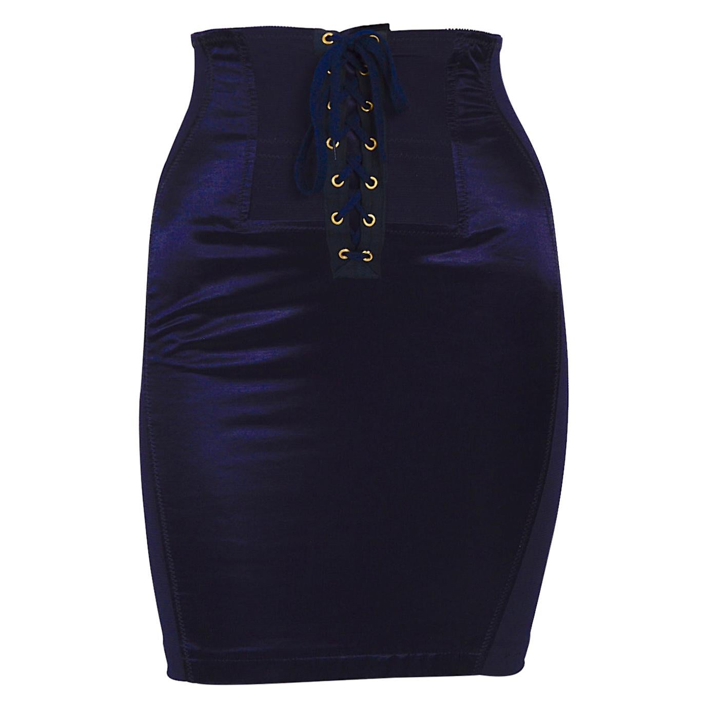 Vintage Jean Paul Gaultier 1980s corset inspired bleu spandex and satin skirt