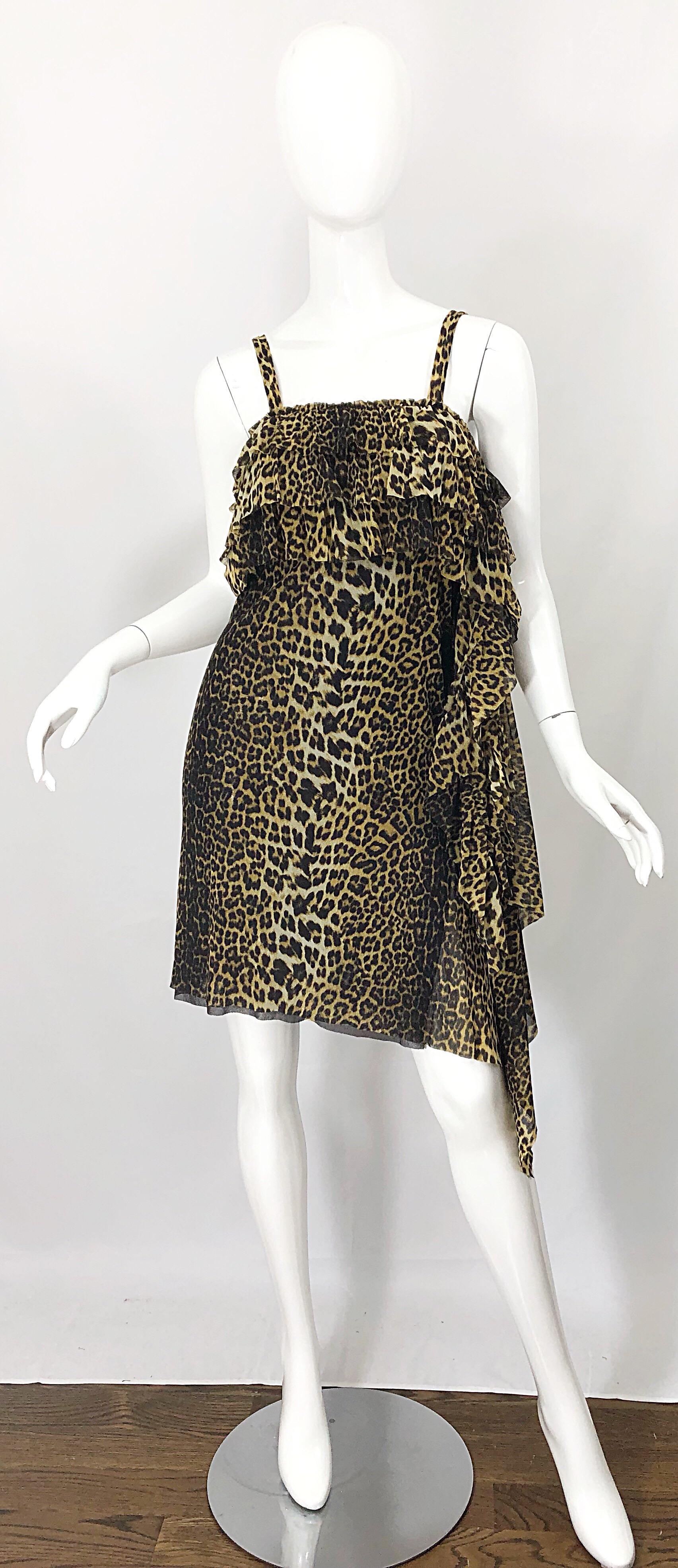 Amazing 1990s JEAN PAUL GAULTIER leopard / cheetah animal print signature sleeveless mesh dress! Features the classic print with a little edge. Ruffle sash at the down the left seam. Simply slips over the head and stretches to fit. Great with heels,