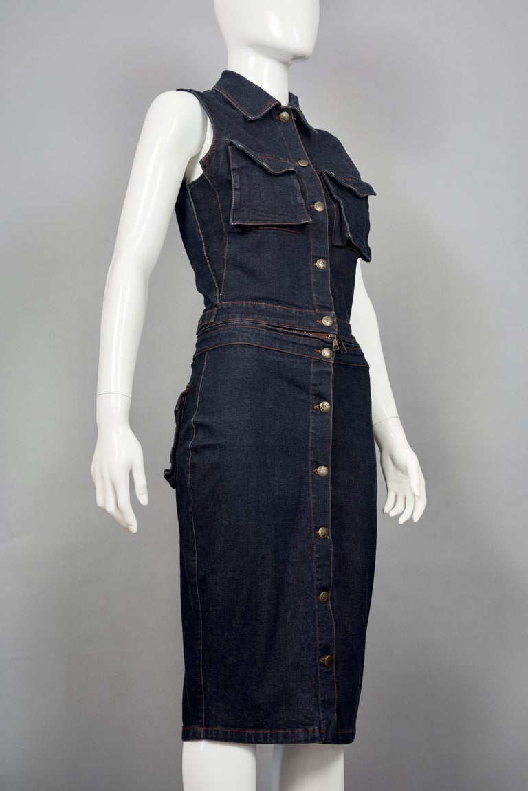 Vintage JEAN PAUL GAULTIER 2 in 1 Denim Convertible Vest Dress In Excellent Condition For Sale In Kingersheim, Alsace