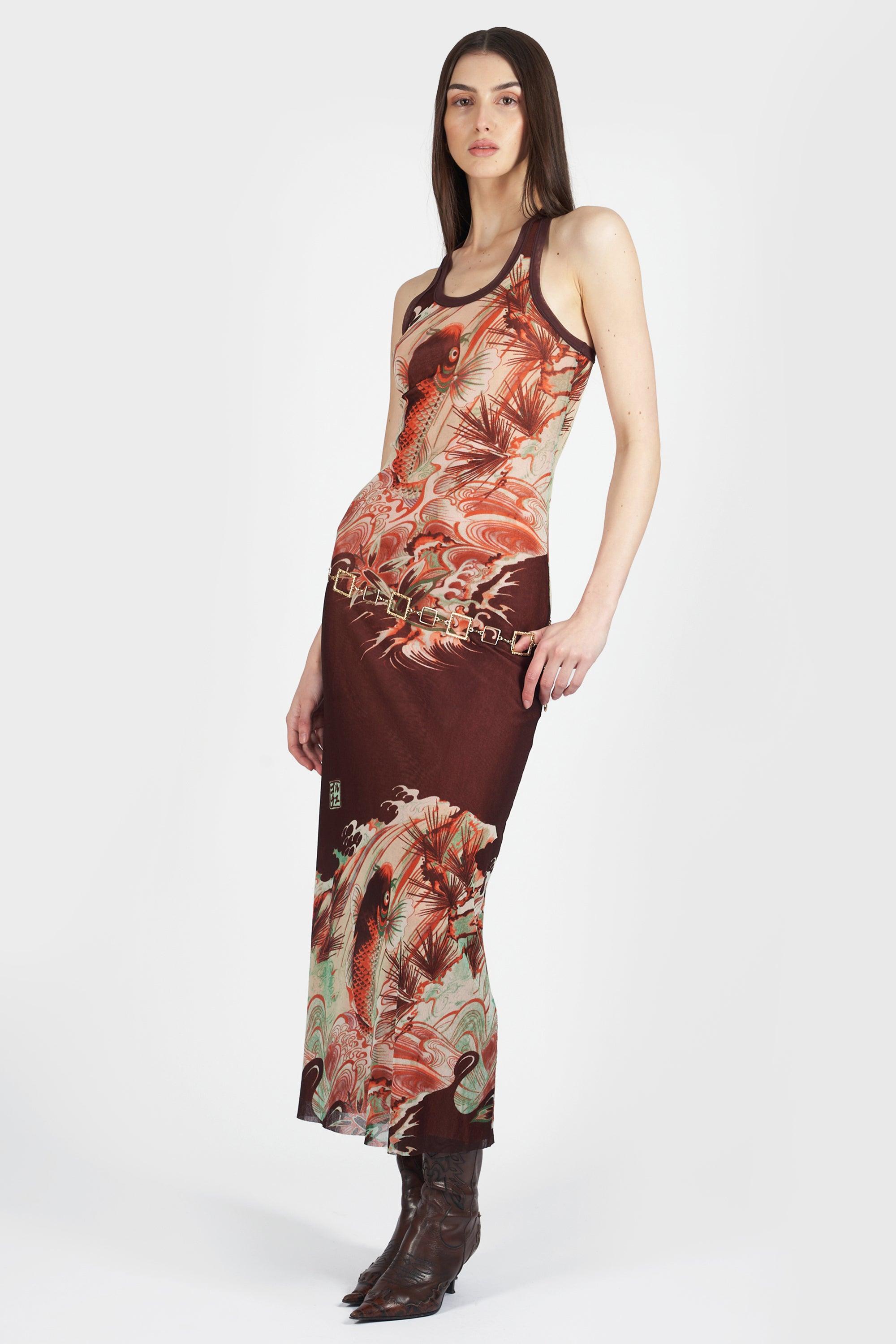 Marron Robe Vintage Jean Paul Gaultier 2000's Koi Tattoo Mesh Dress en vente