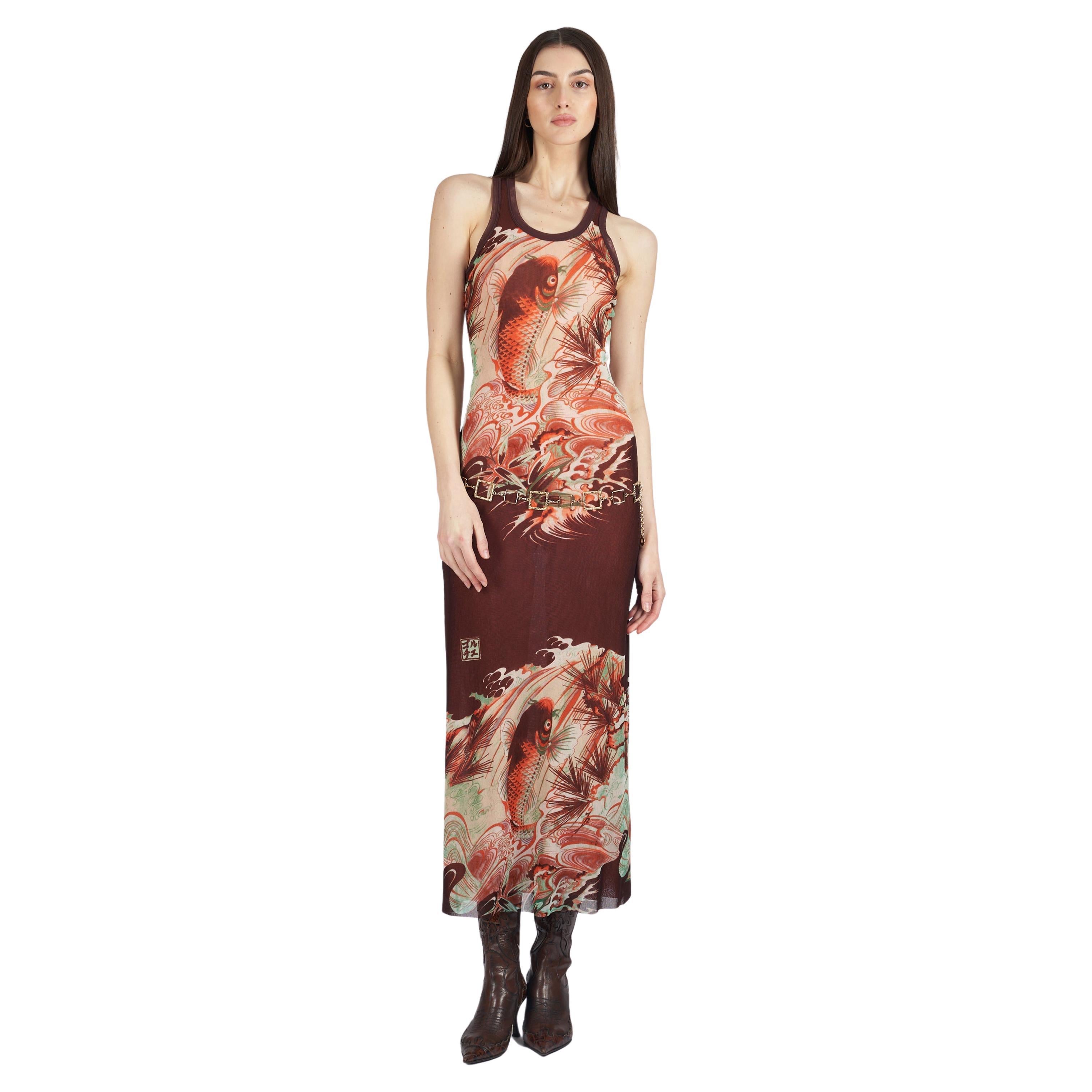 Robe Vintage Jean Paul Gaultier 2000's Koi Tattoo Mesh Dress en vente