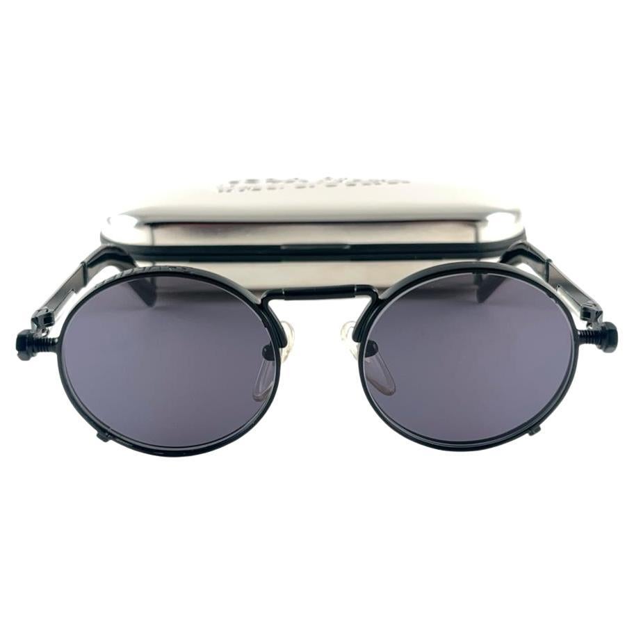 Vintage Jean Paul Gaultier 56 8171 Round Black Matte Dark Purple Lens 1990 Japan For Sale