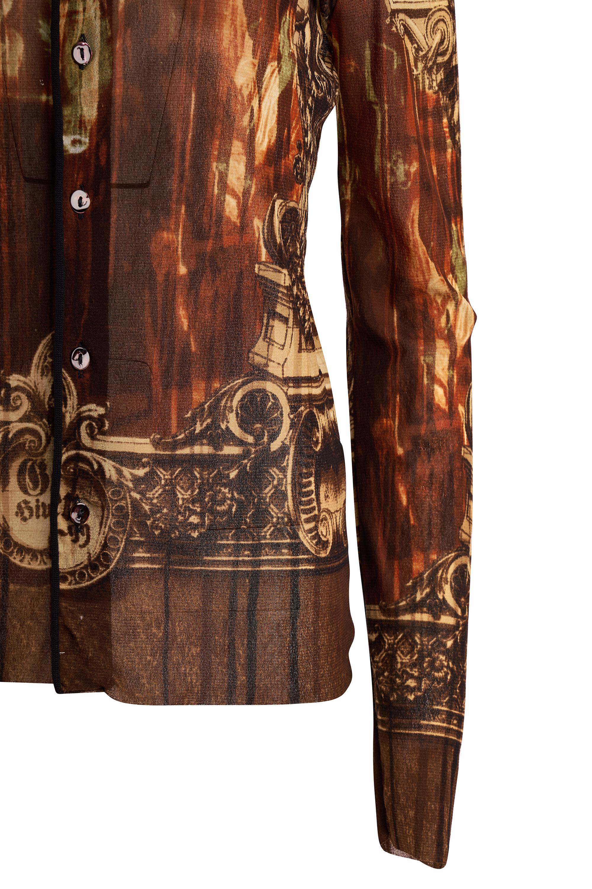 Marron Vintage Jean Paul Gaultier A/W 1998 Gothic Church's Print Mesh Shirt en vente