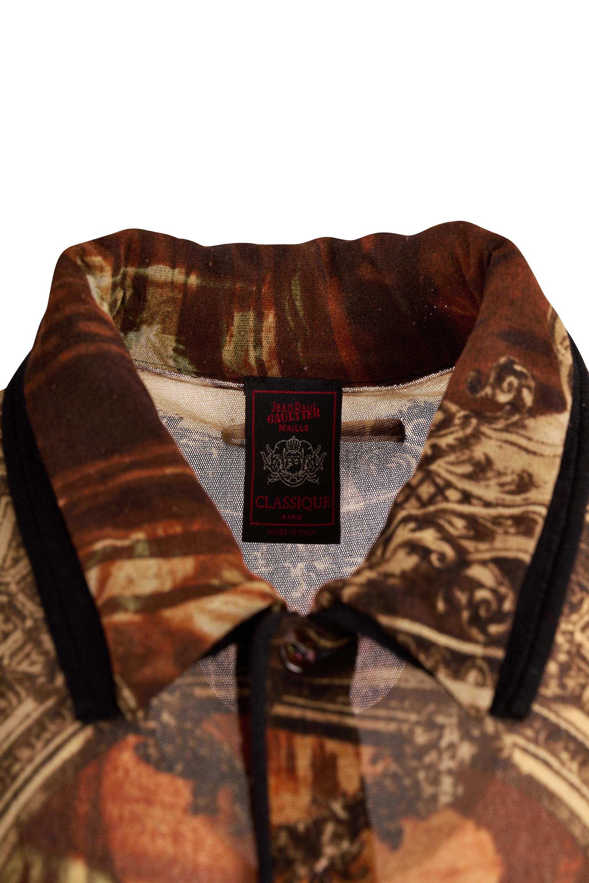 Vintage Jean Paul Gaultier A/W 1998 Gothic Church's Print Mesh Shirt Unisexe en vente