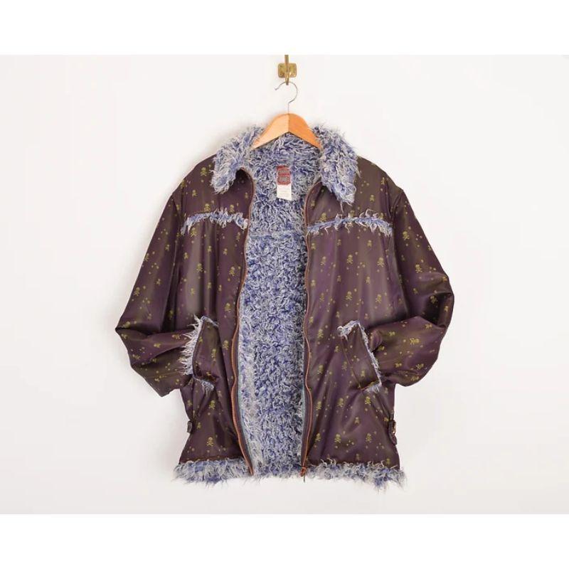 Gray Vintage Jean Paul Gaultier AW 1995 Skull Jacquard Purple Satin Fuzzy Fur Jacket For Sale