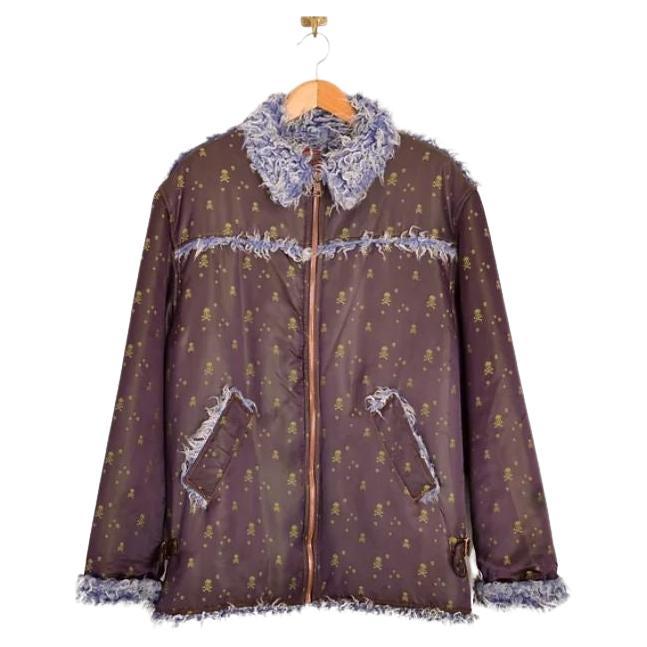 Vintage Jean Paul Gaultier AW 1995 Skull Jacquard Purple Satin Fuzzy Fur Jacket For Sale