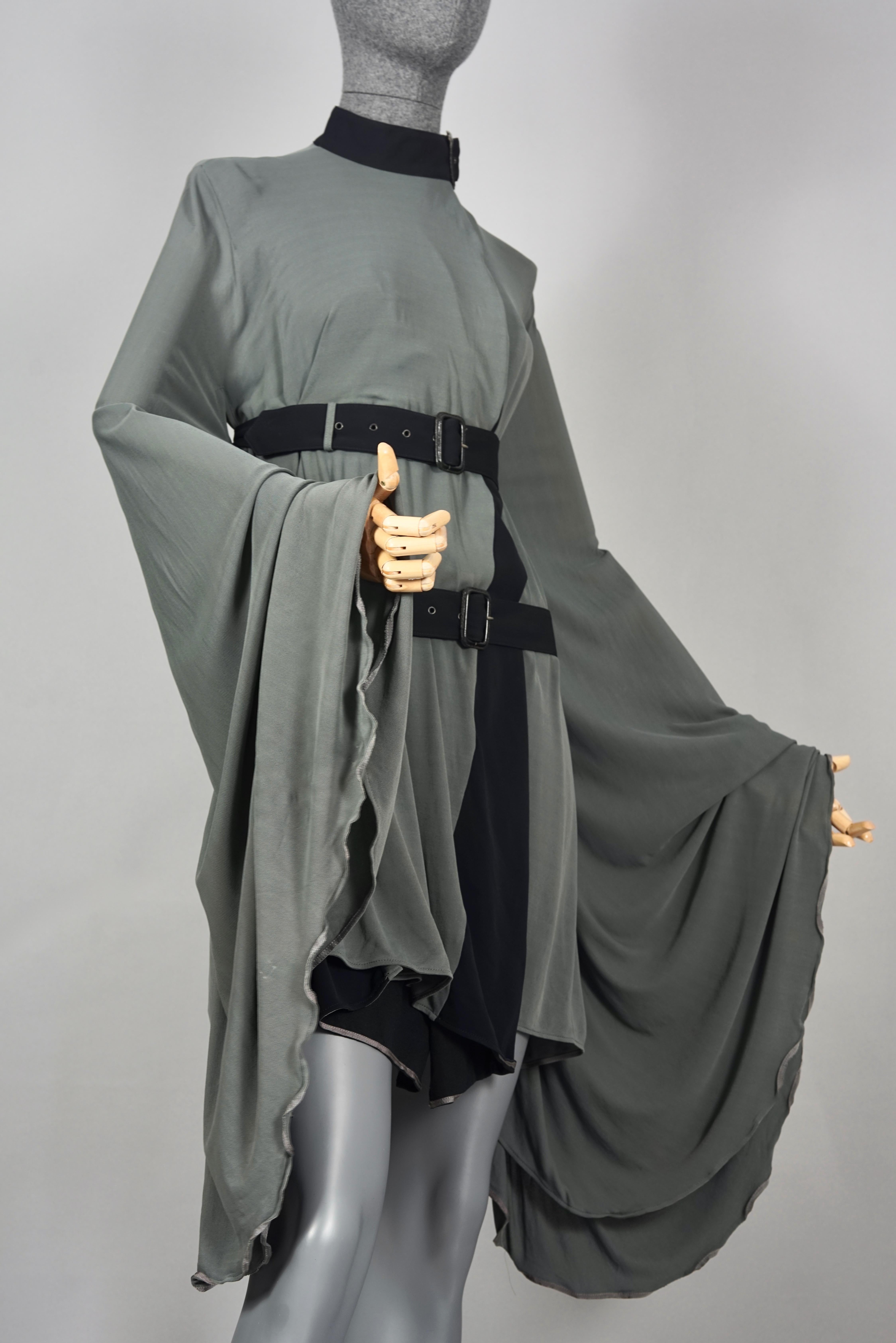 Vintage JEAN PAUL GAULTIER Belted Bondage Gray Cape Dress For Sale 1