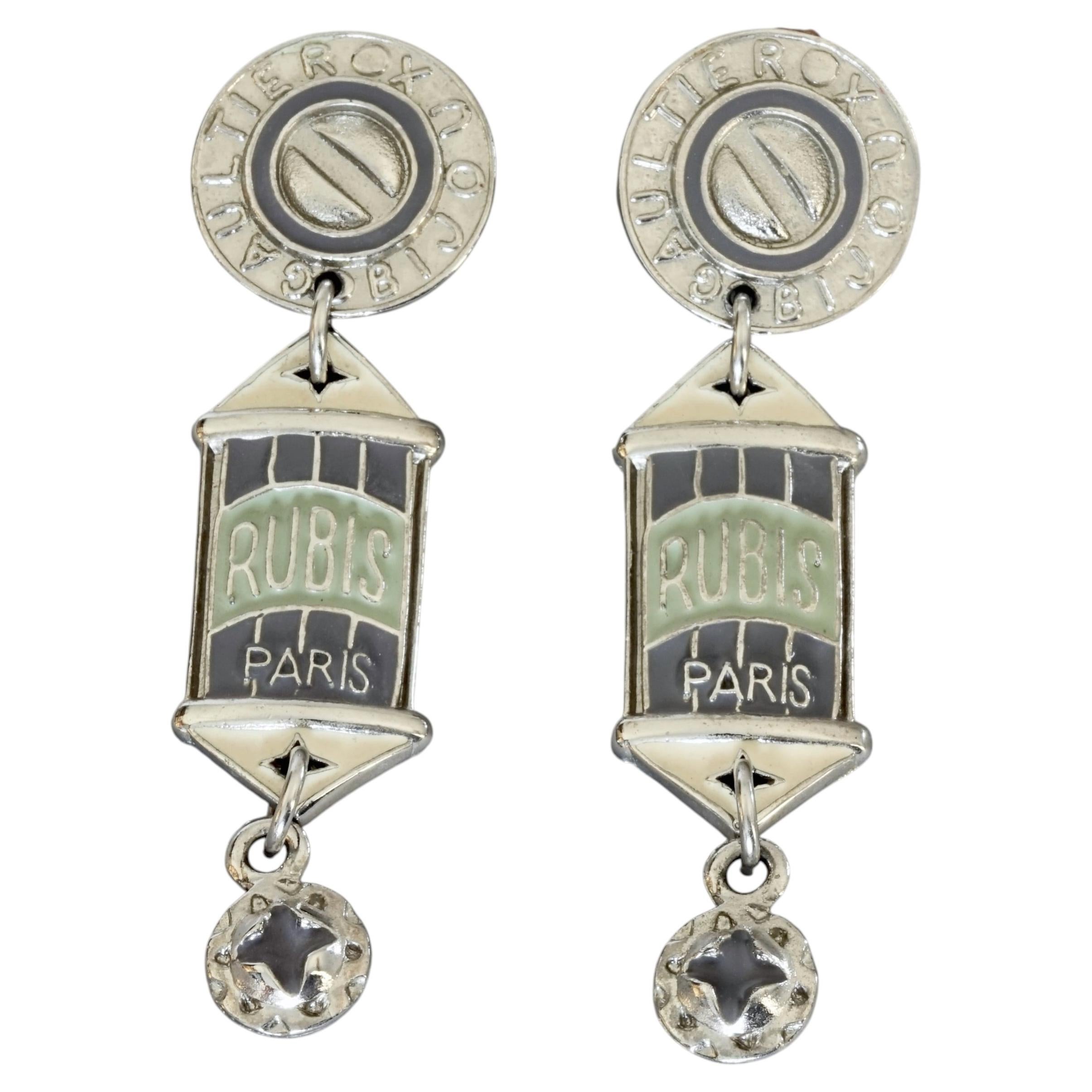Vintage JEAN PAUL GAULTIER "Bijoux Rubis Paris" Enamel Dangling Earrings For Sale